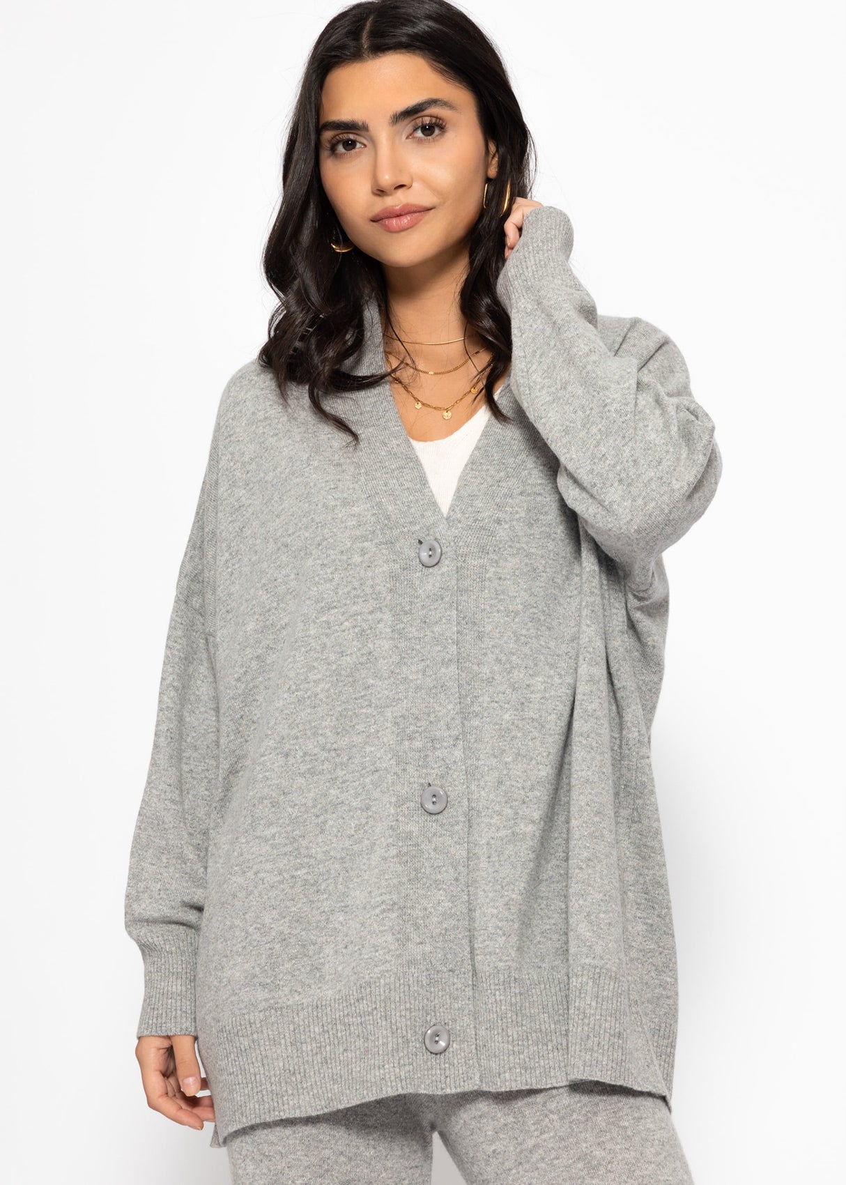 Oversized Cardigan mit V-Ausschnitt und Kaschmiranteil - grau