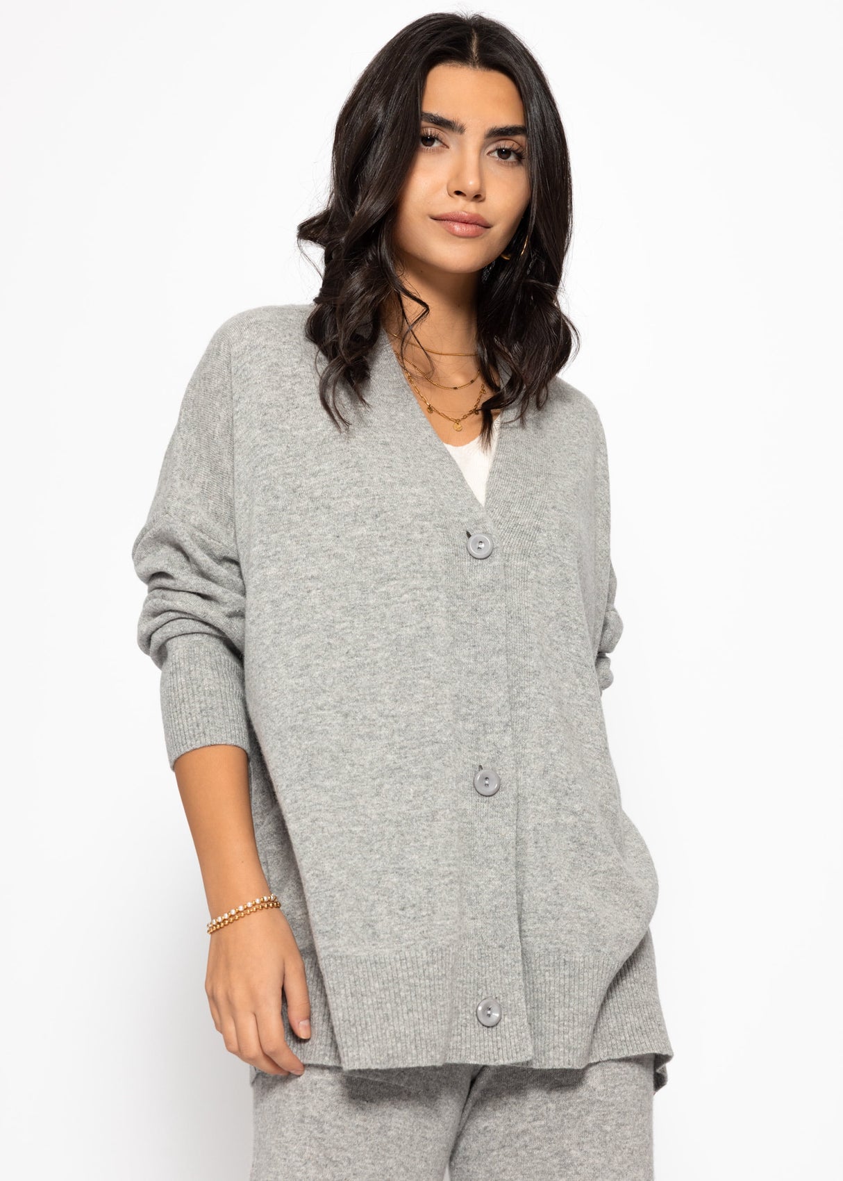 Oversized Cardigan mit V-Ausschnitt und Kaschmiranteil - grau