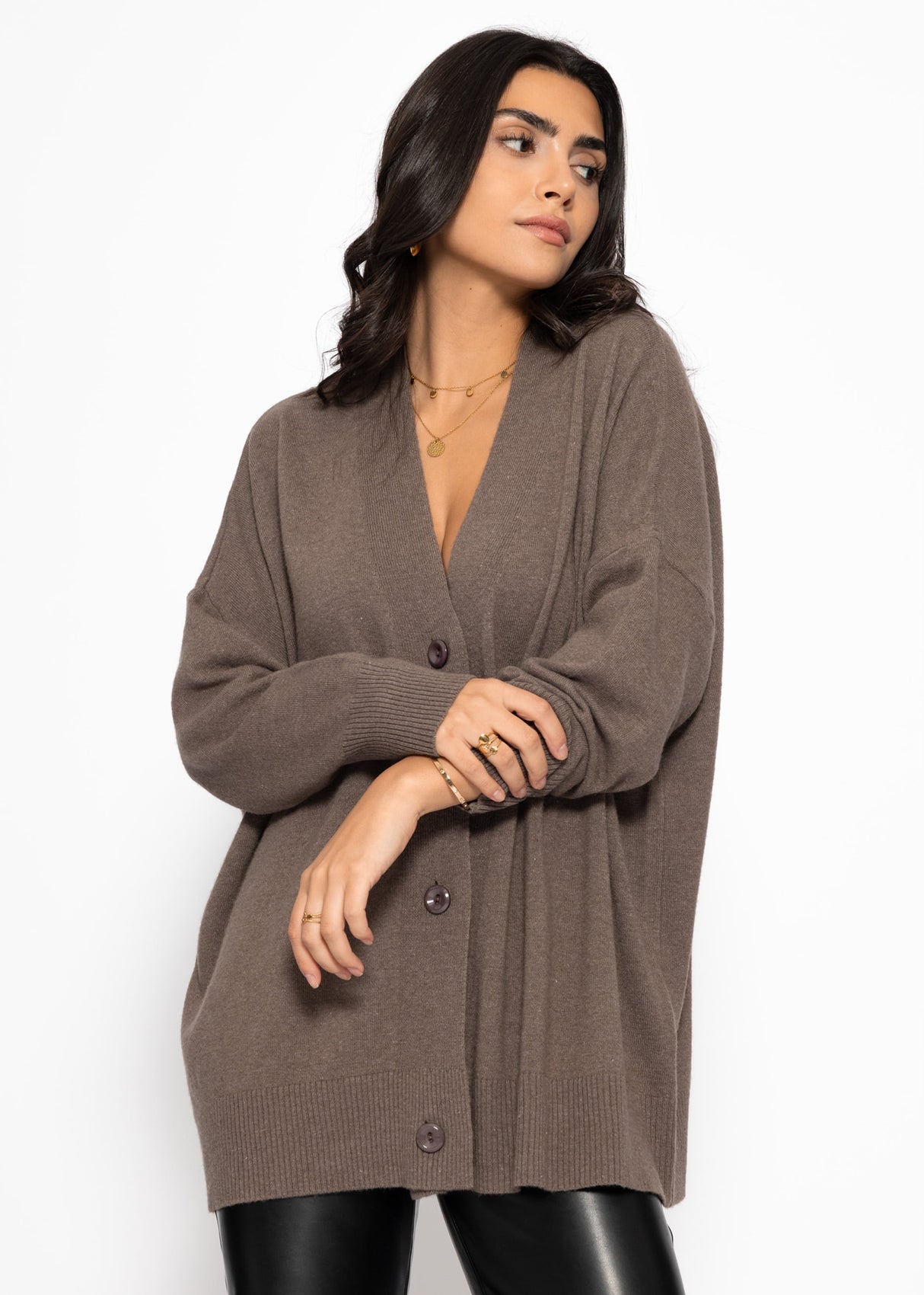 Oversized Cardigan mit V-Ausschnitt und Kaschmiranteil - taupe