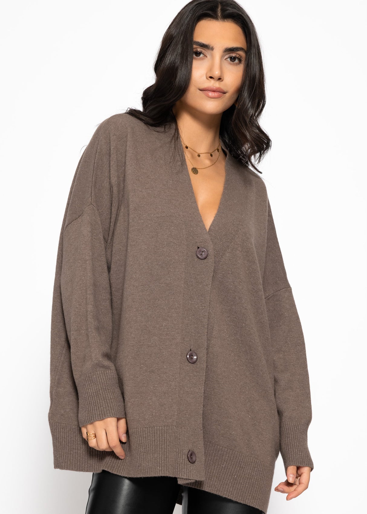 Oversized Cardigan mit V-Ausschnitt und Kaschmiranteil - taupe