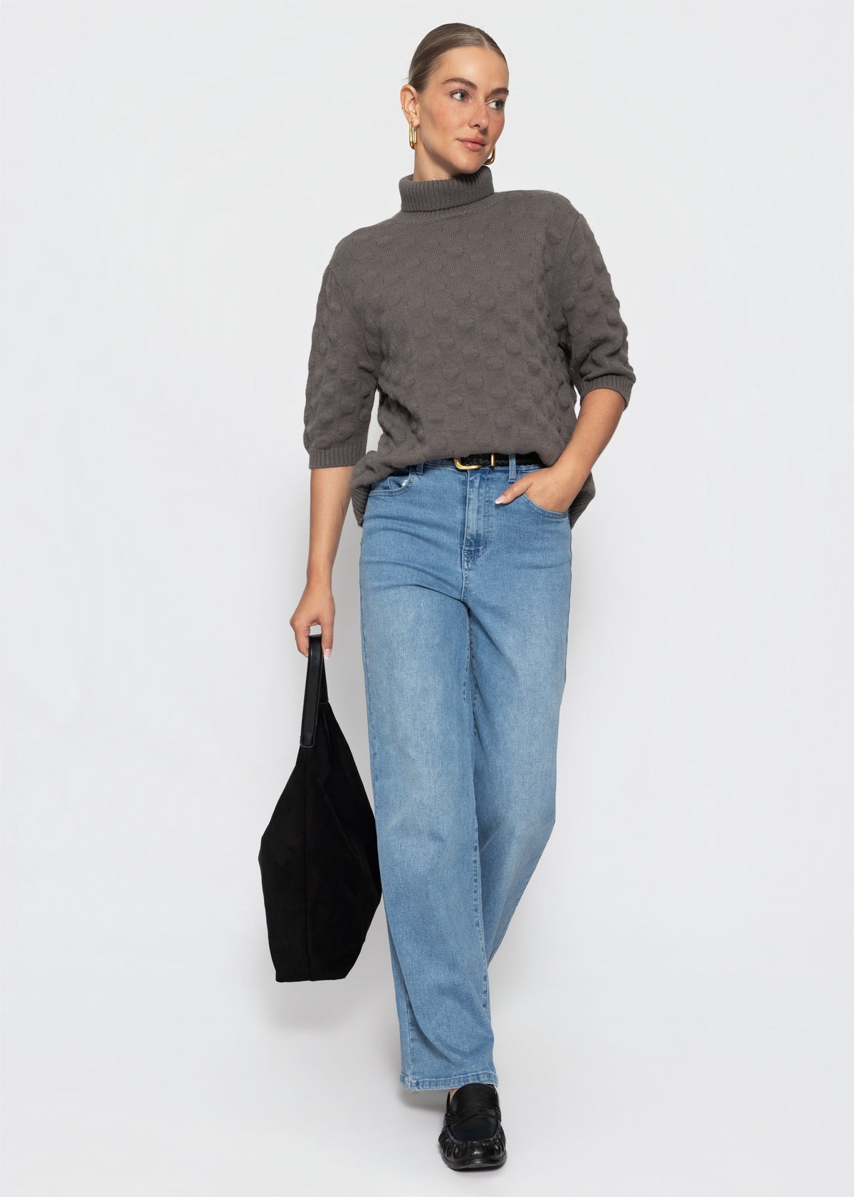 Oversized Kurzarmpullover mit Noppenstruktur - grau