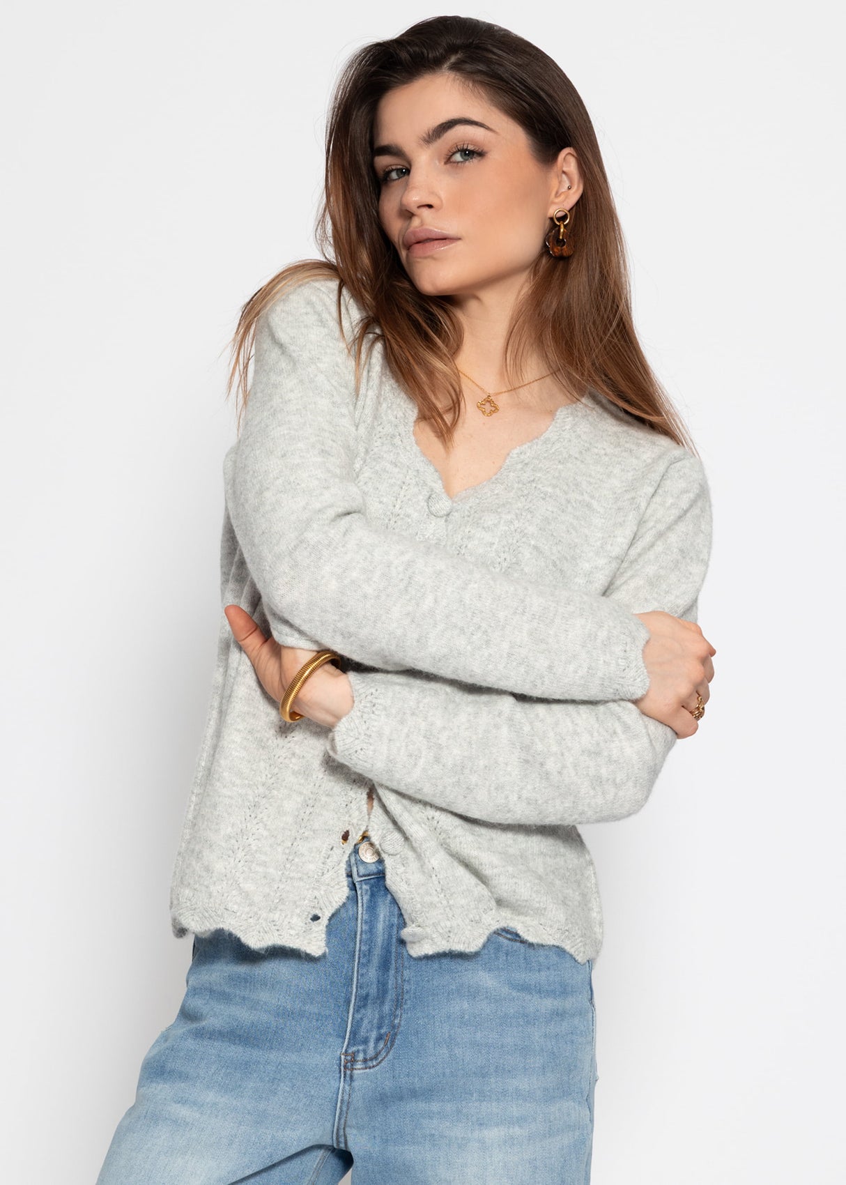 Pointelle Strickjacke - hellgrau