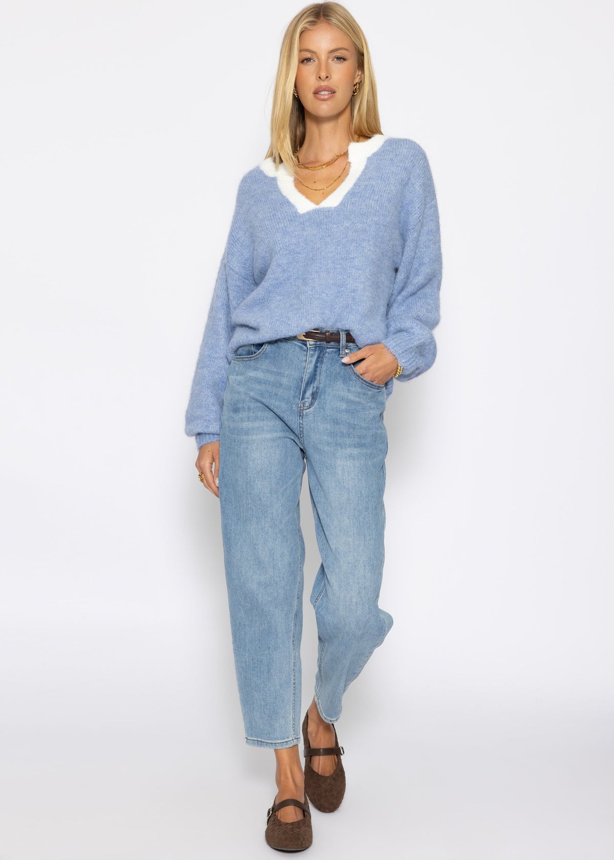 Pullover mit Blende - jeansblau