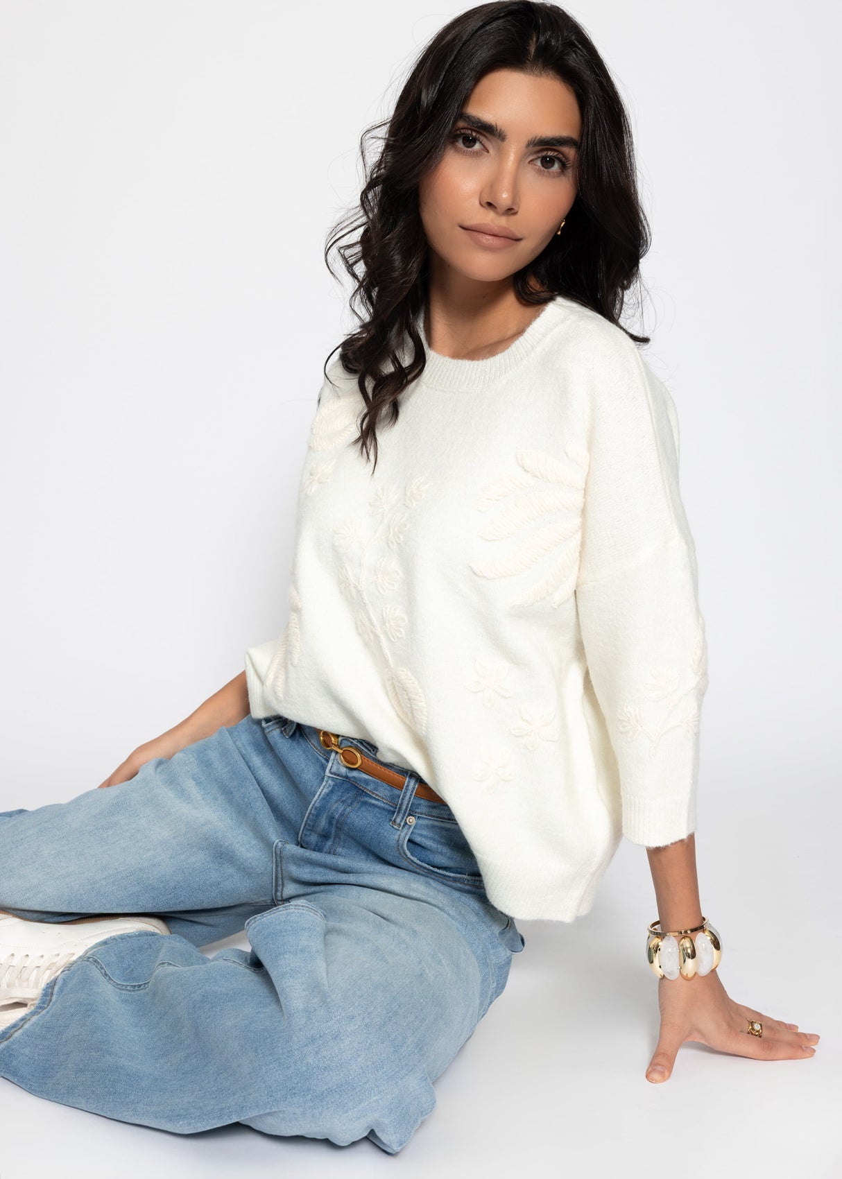 Pullover mit floraler Stickerei - offwhite