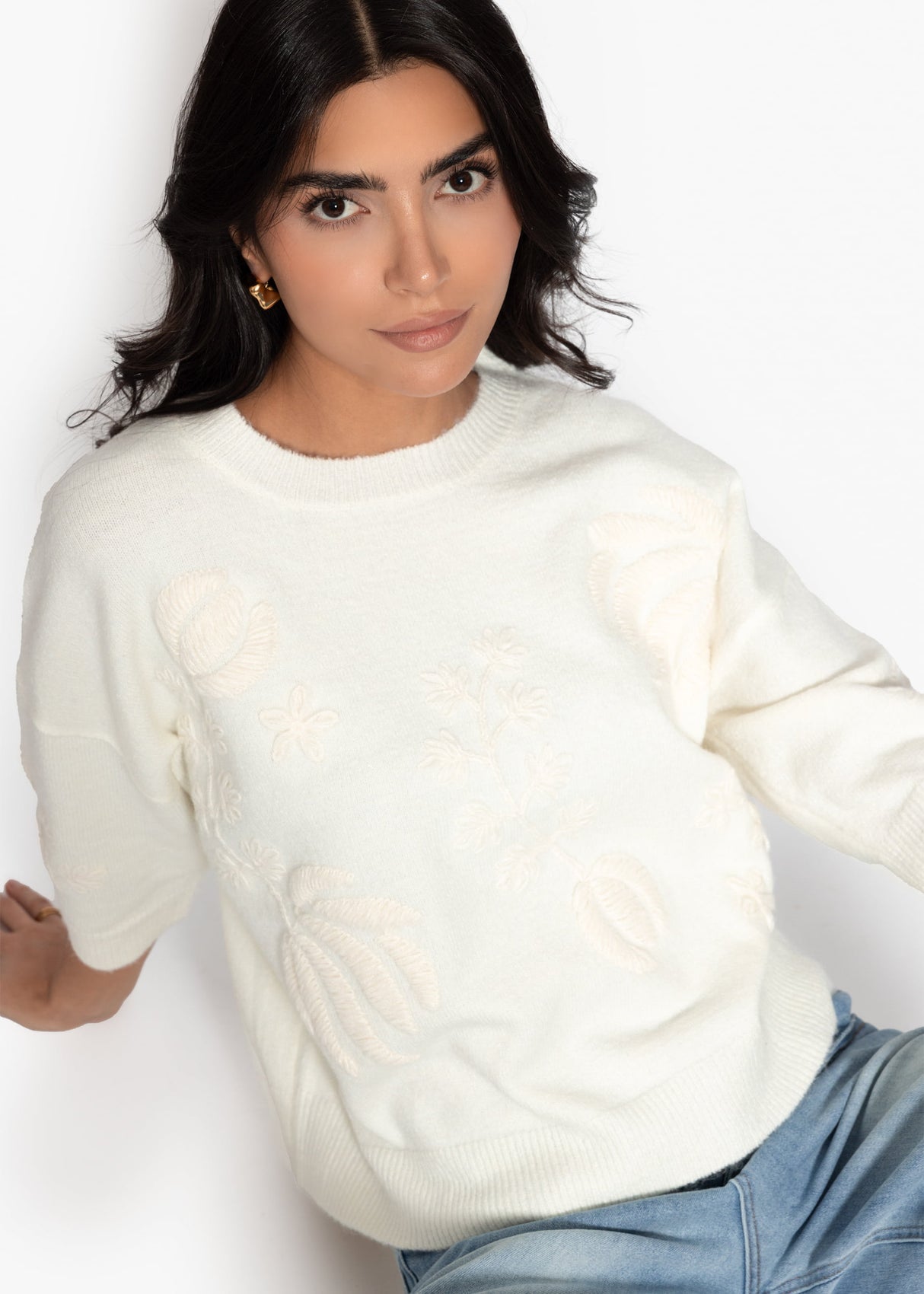Pullover mit floraler Stickerei - offwhite