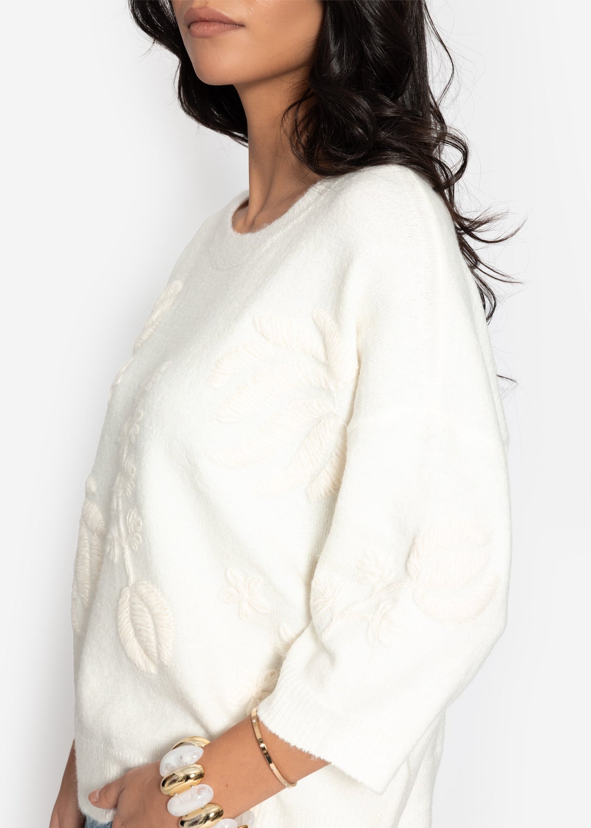 Pullover mit floraler Stickerei - offwhite