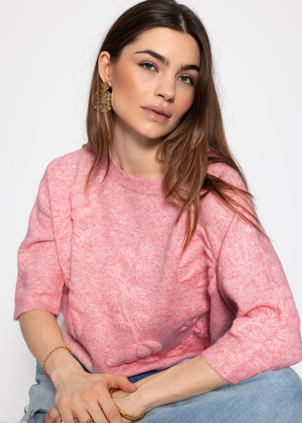 Pullover mit floraler Stickerei - rosa