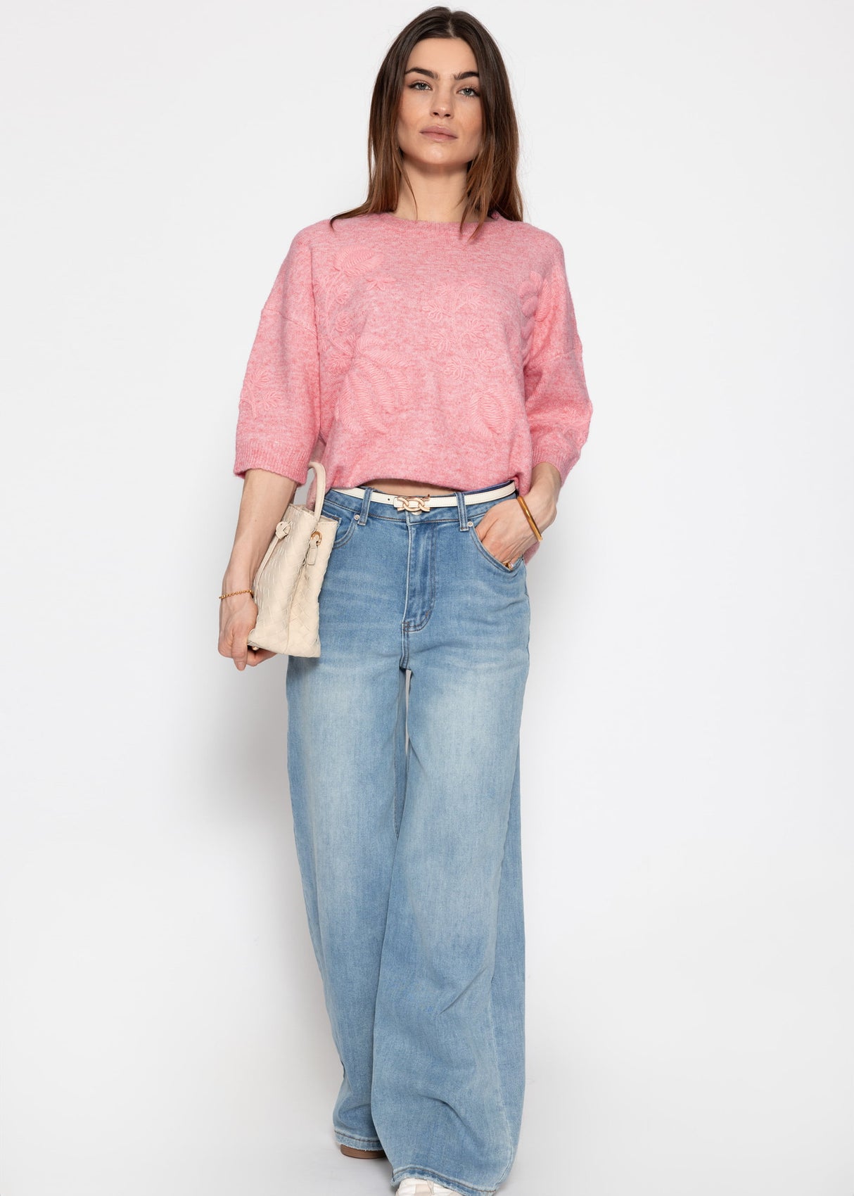 Pullover mit floraler Stickerei - rosa