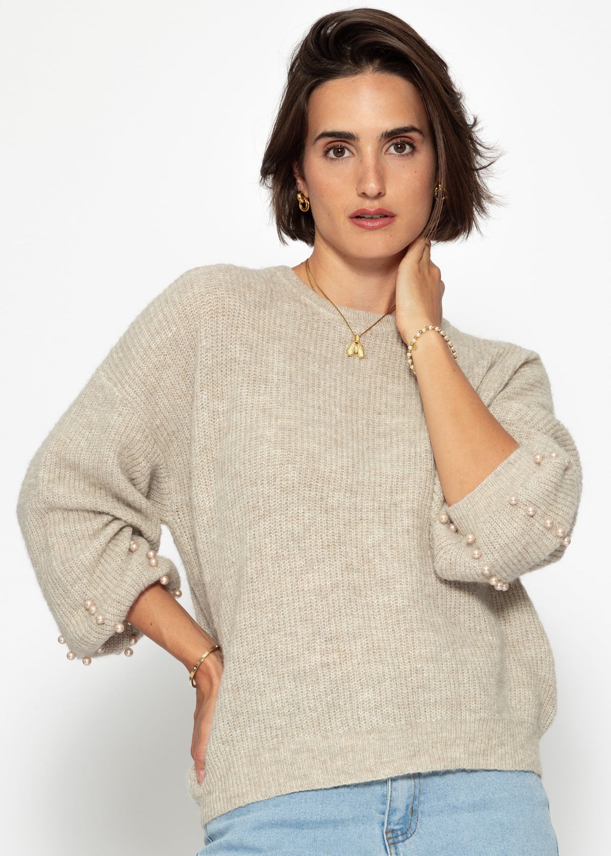 Pullover mit Perlendetails - beige