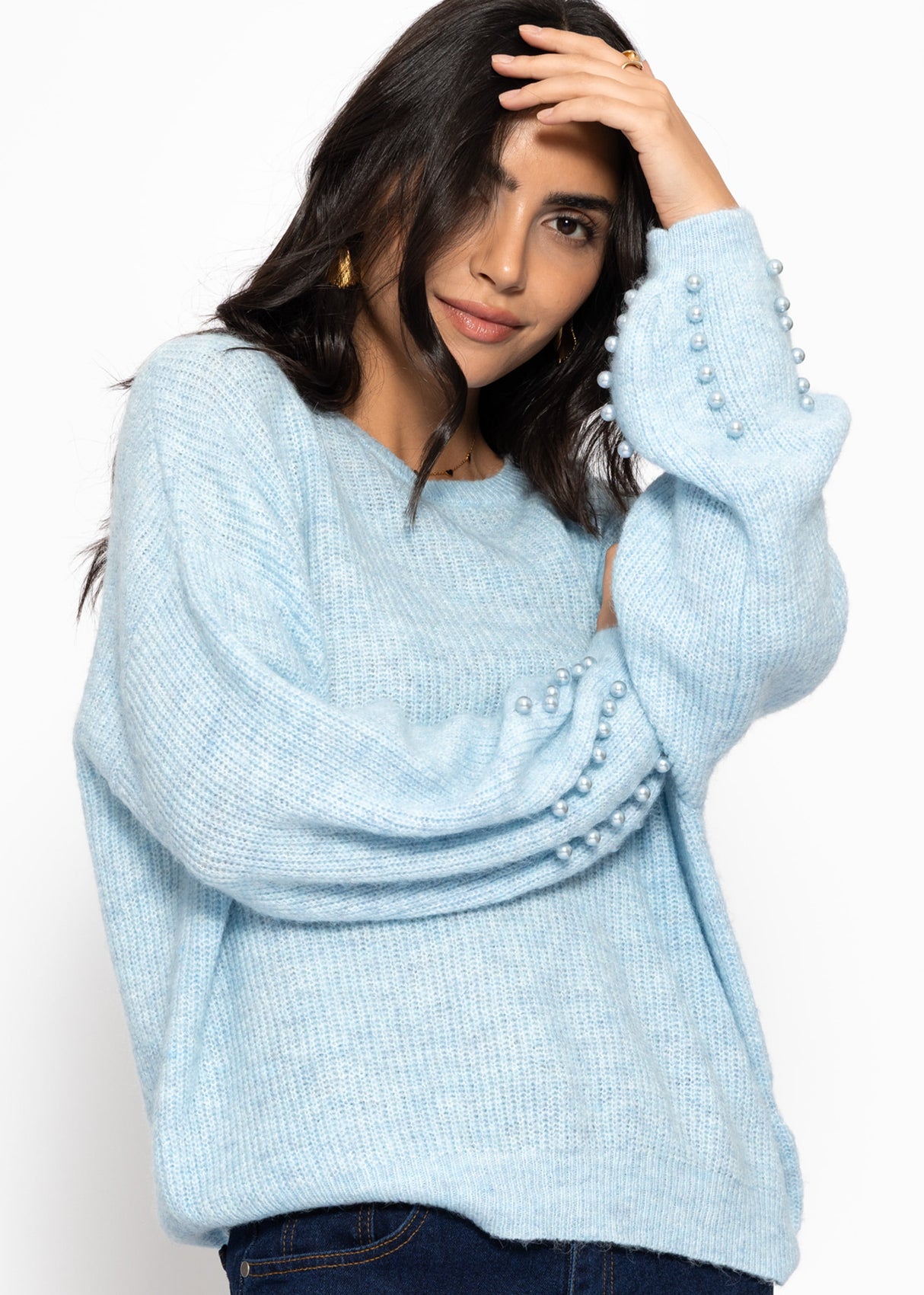 Pullover mit Perlendetails - hellblau