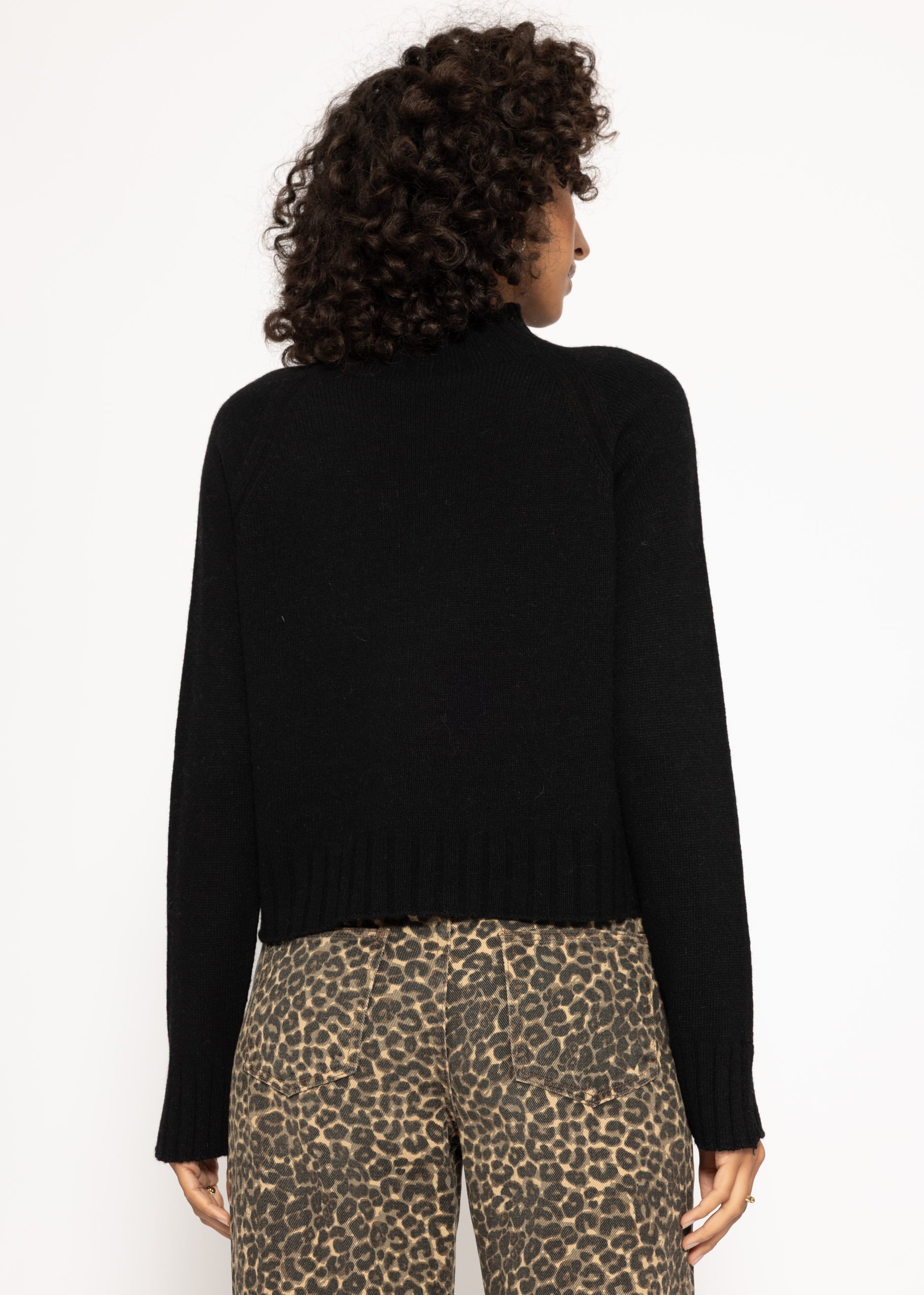 Sweater with stand-up collar and sleeve slits - black