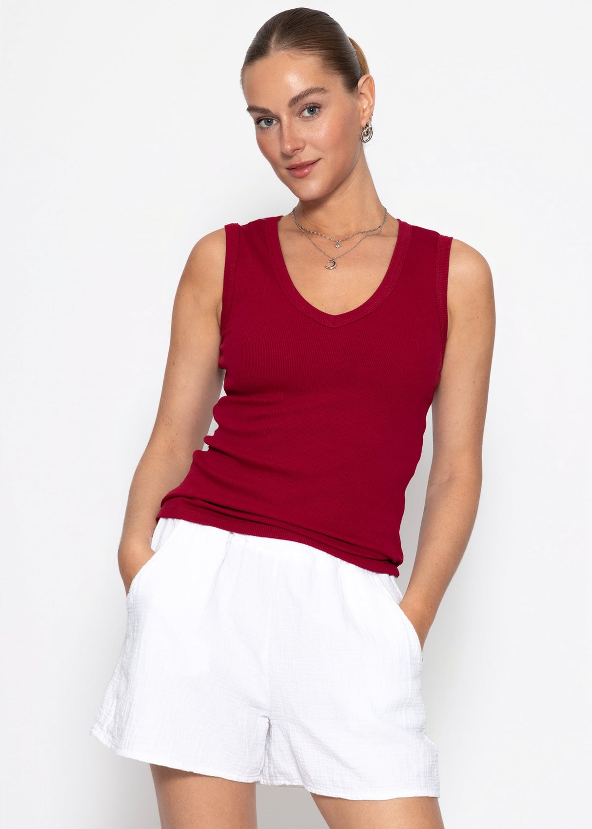 Ripp-Top mit V-Auschnitt - burgundy