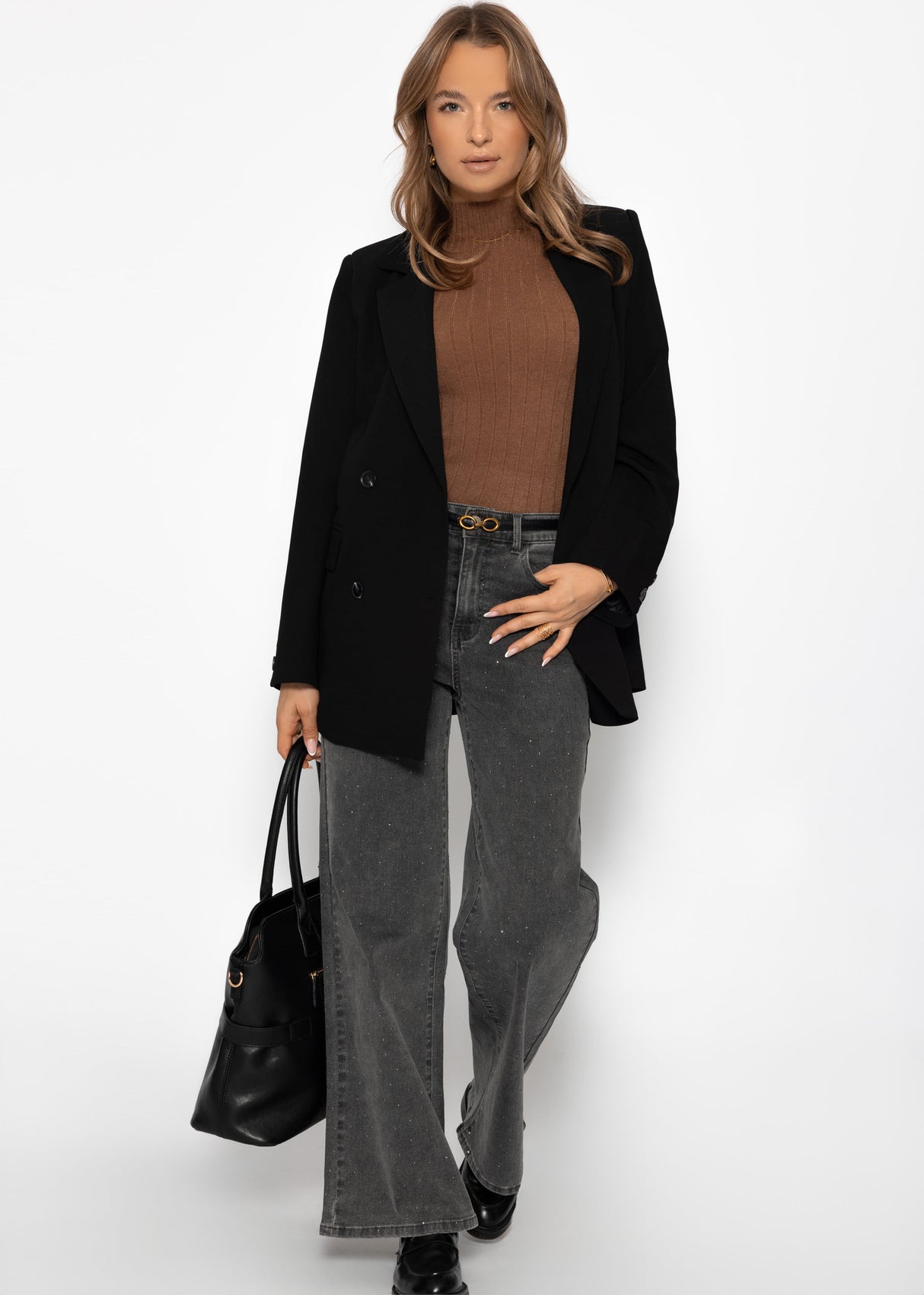 Ribbed knit top with stand-up collar - brown