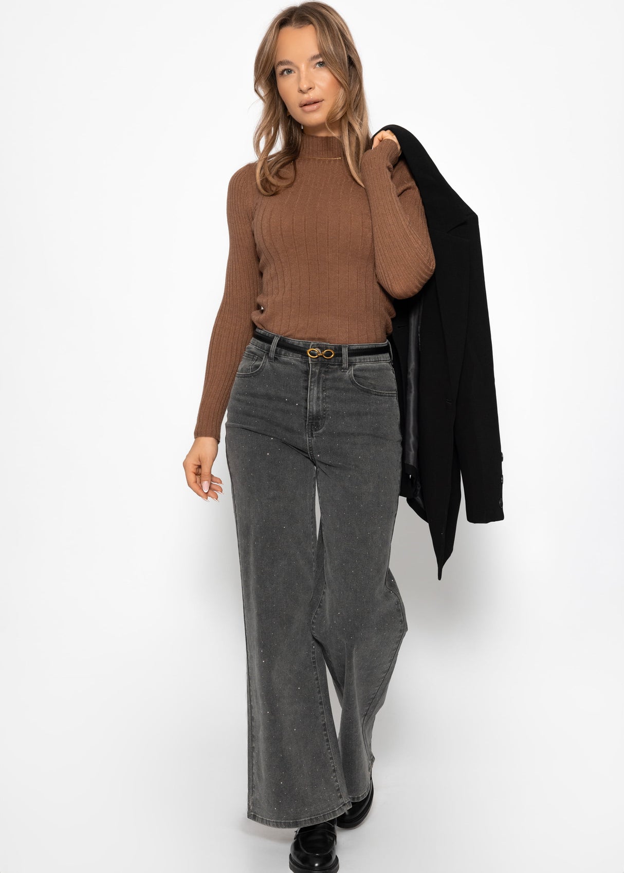 Ribbed knit top with stand-up collar - brown