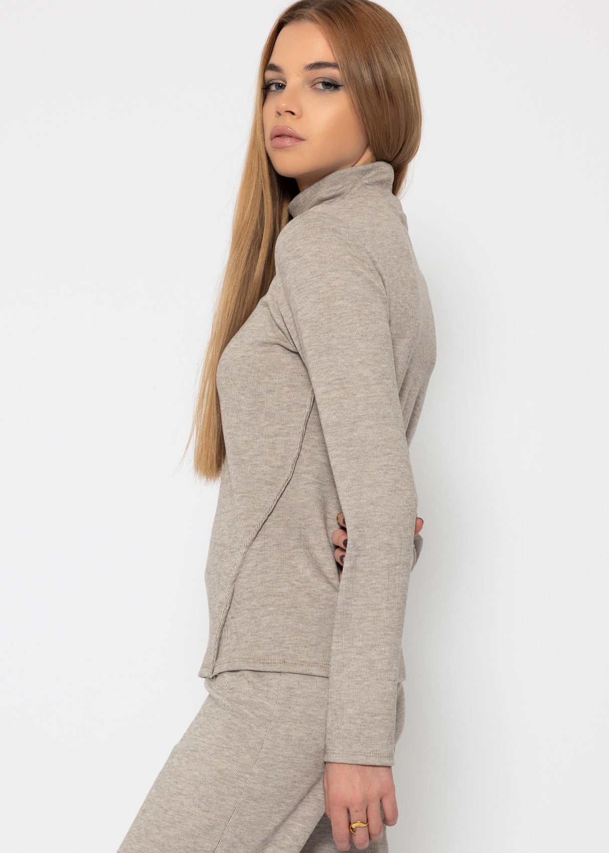 Turtleneck shirt with decorative seams - mottled taupe