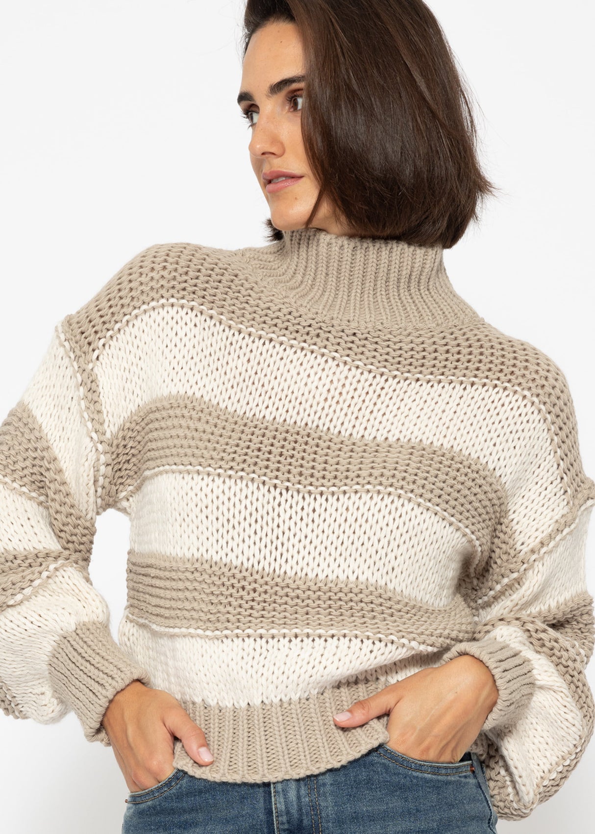 Striped turtleneck sweater - taupe-beige