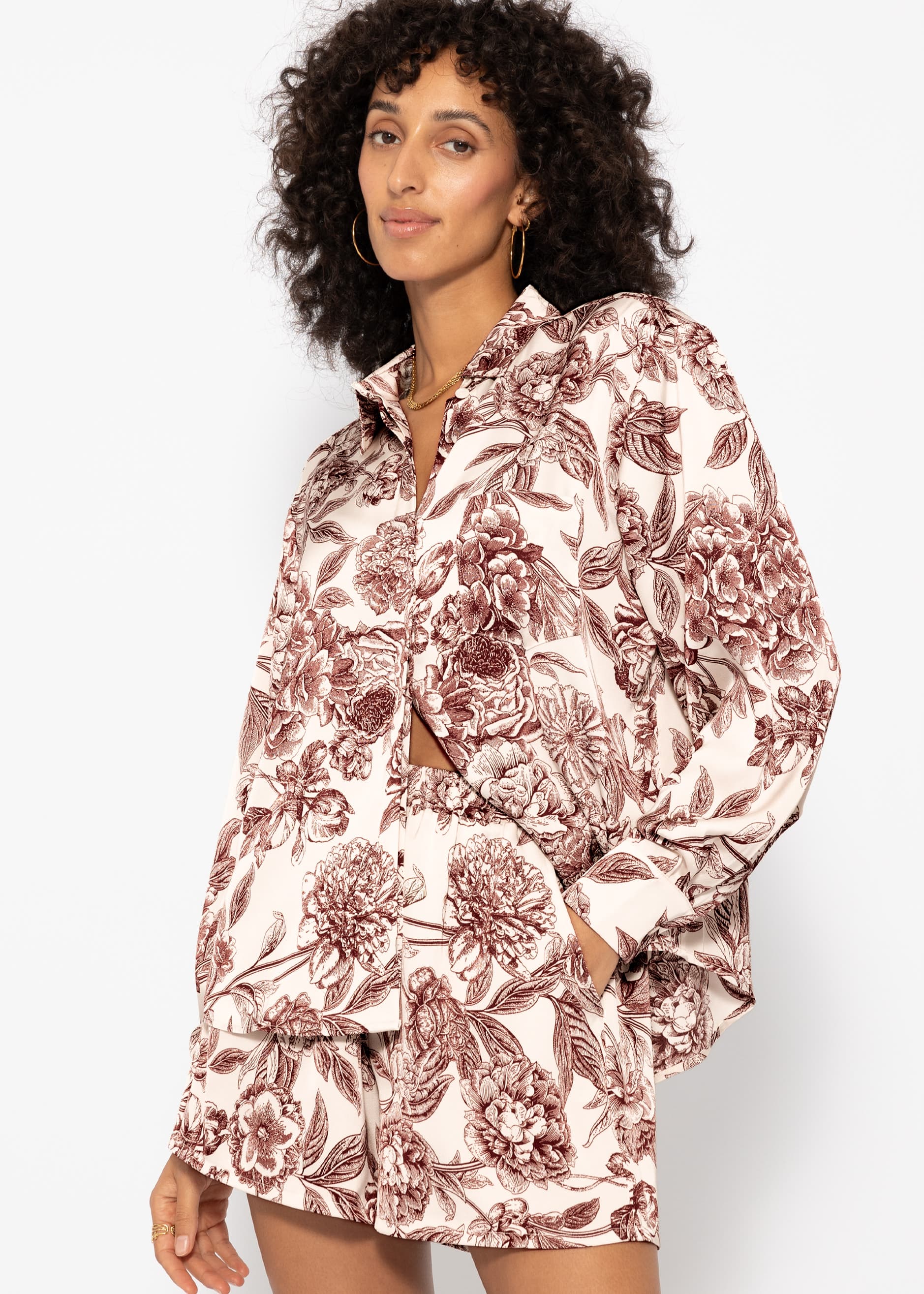 Satin blouse with print - off-white-wine red