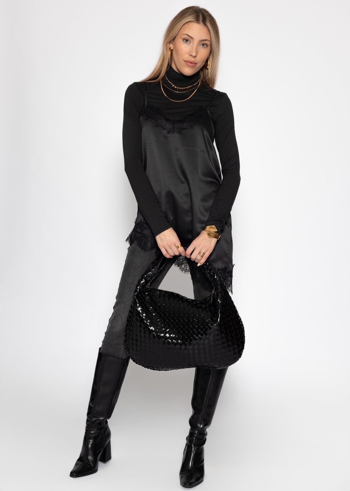 Satin top with lace and asymmetrical hem - black