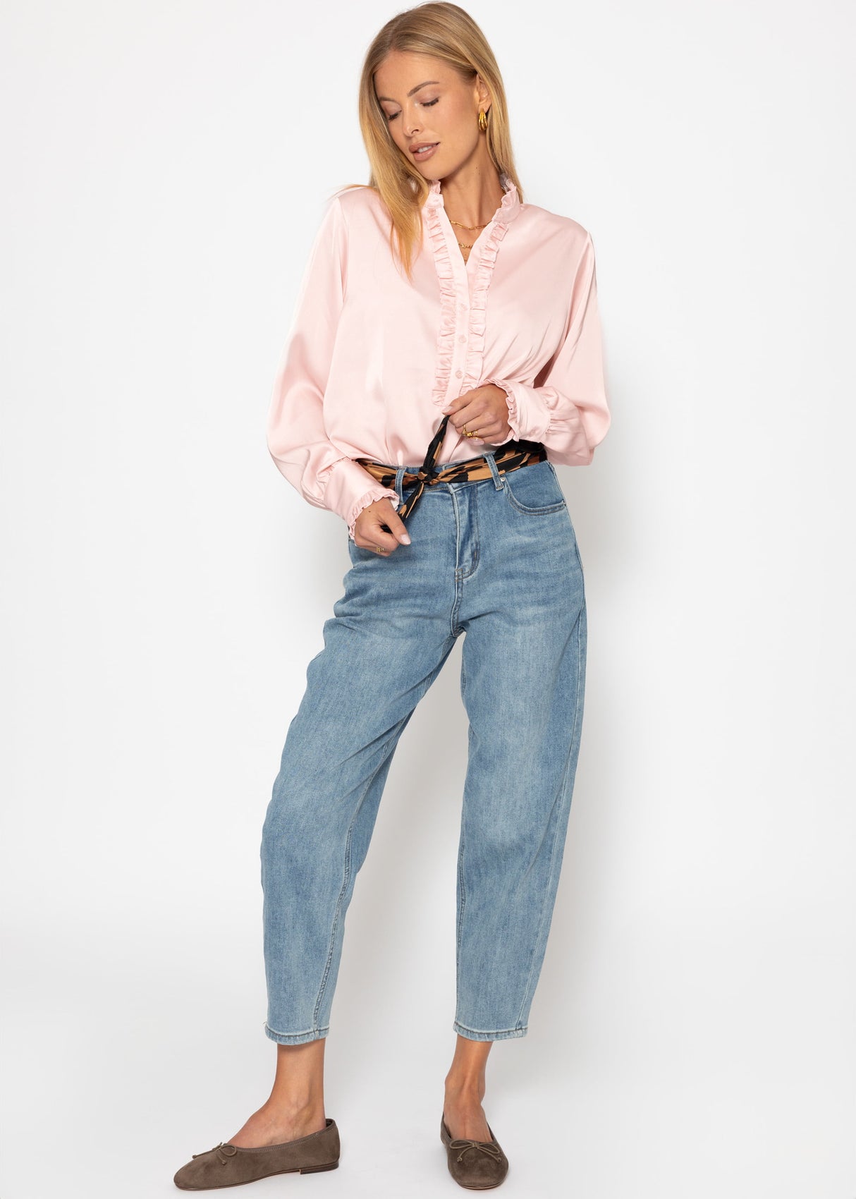 Satin blouse with ruffles - pink