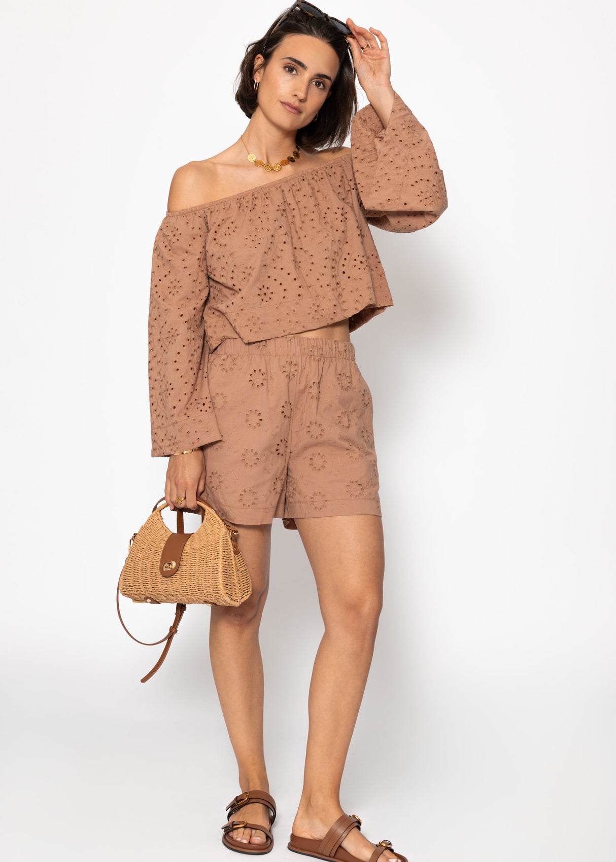 Off-the-shoulder long sleeve top with eyelet embroidery - mocha mousse
