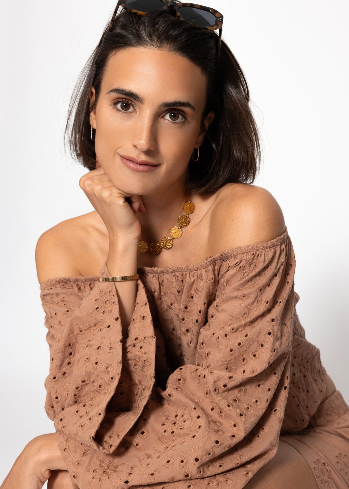 Off-the-shoulder long sleeve top with eyelet embroidery - mocha mousse