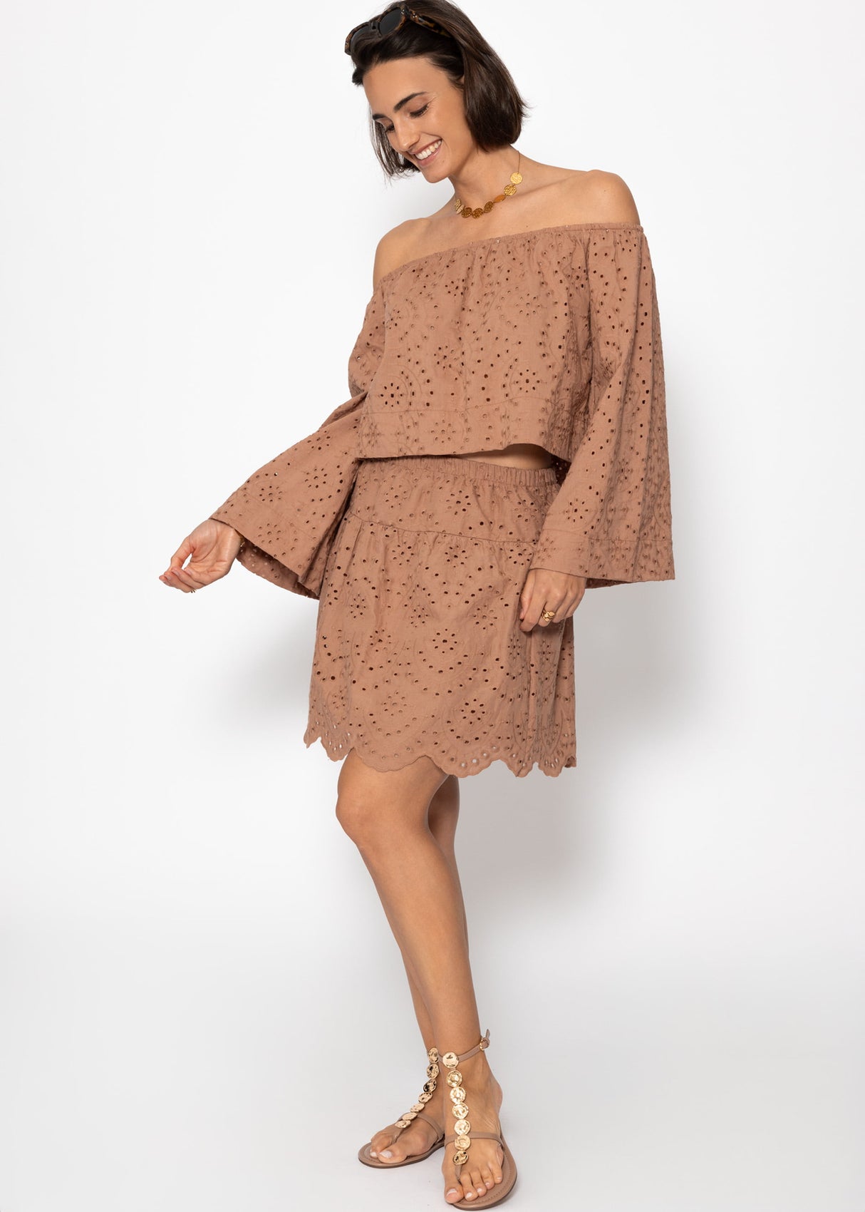 Off-the-shoulder long sleeve top with eyelet embroidery - mocha mousse