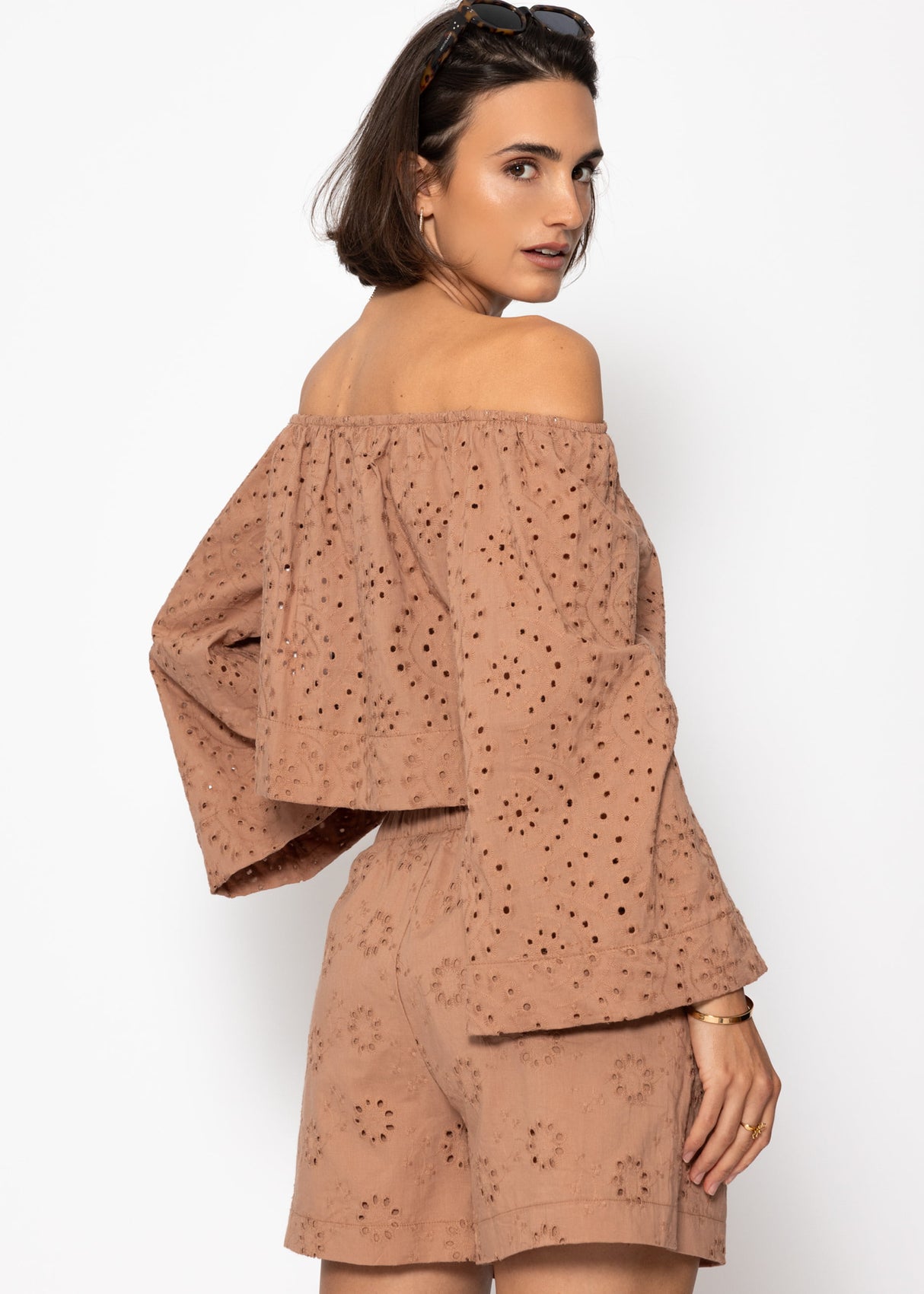 Off-the-shoulder long sleeve top with eyelet embroidery - mocha mousse