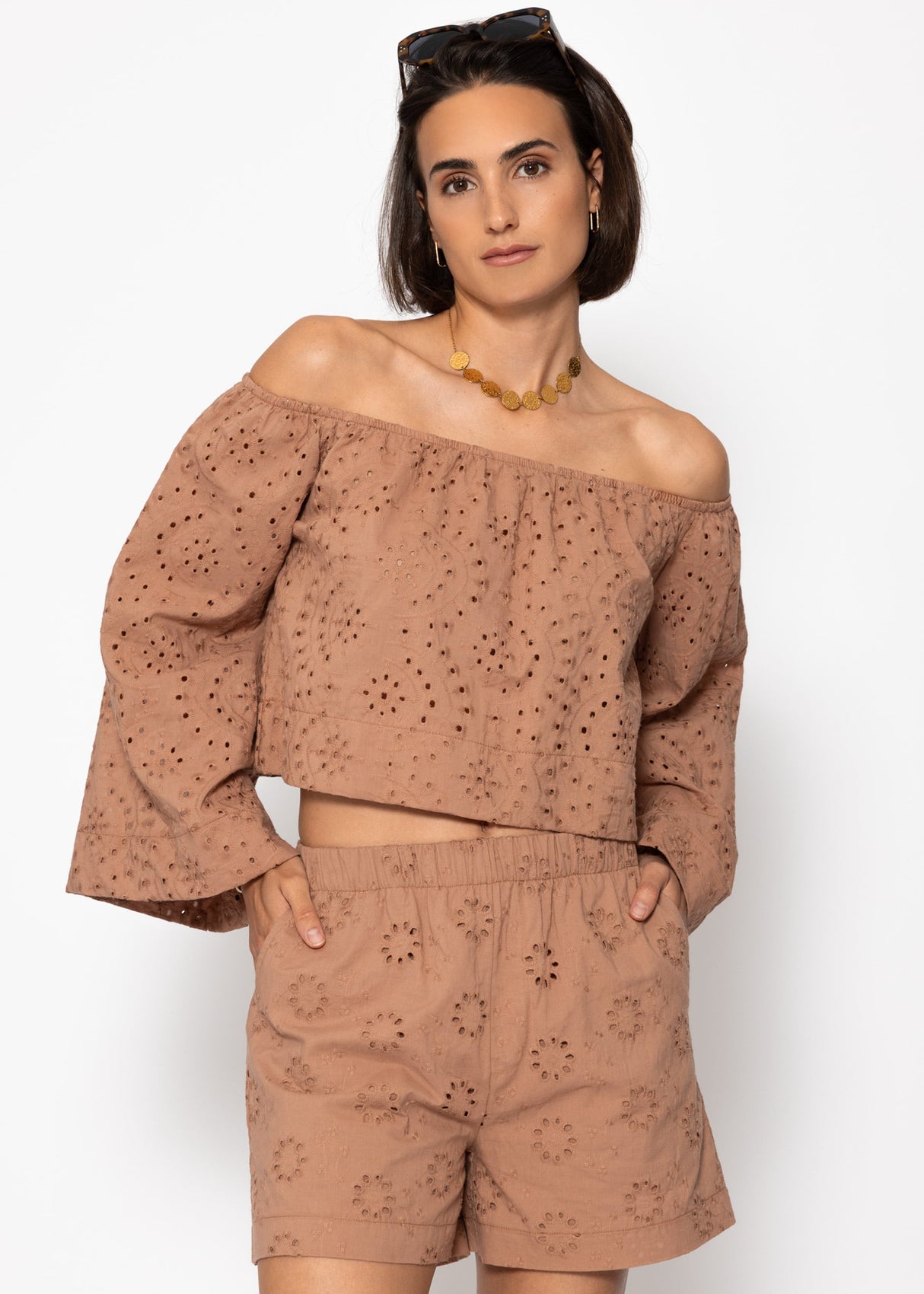 Off-the-shoulder long sleeve top with eyelet embroidery - mocha mousse