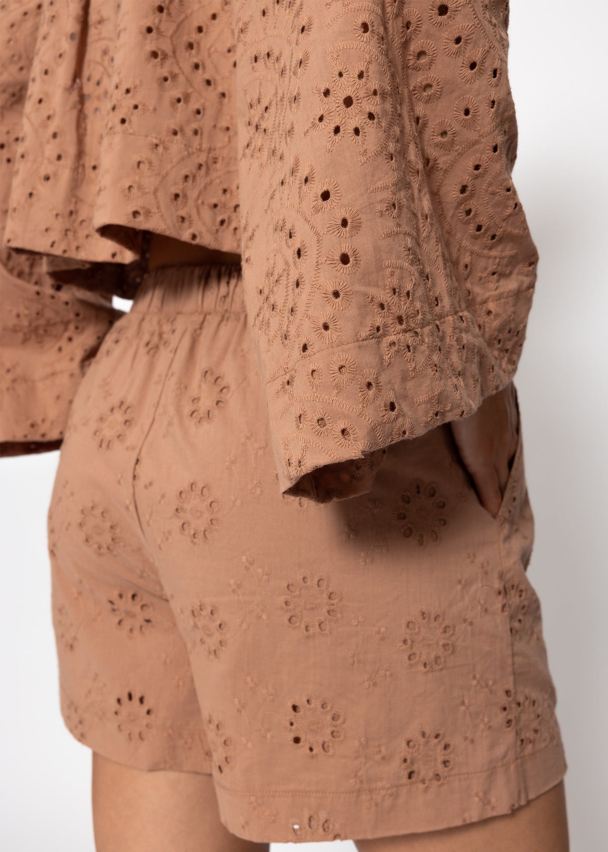 Off-the-shoulder long sleeve top with eyelet embroidery - mocha mousse