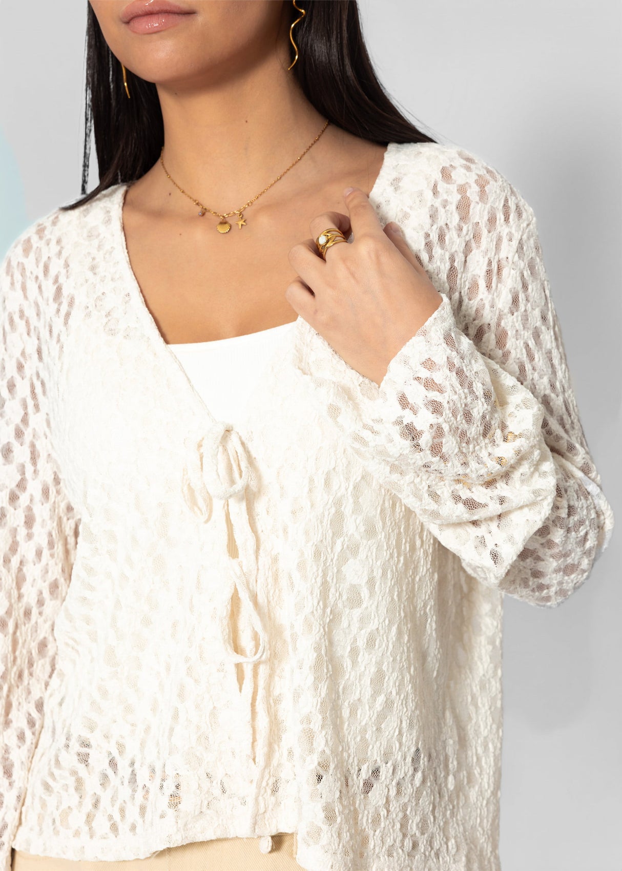 Spitzen Blusenjacke mit Bindebänder - offwhite