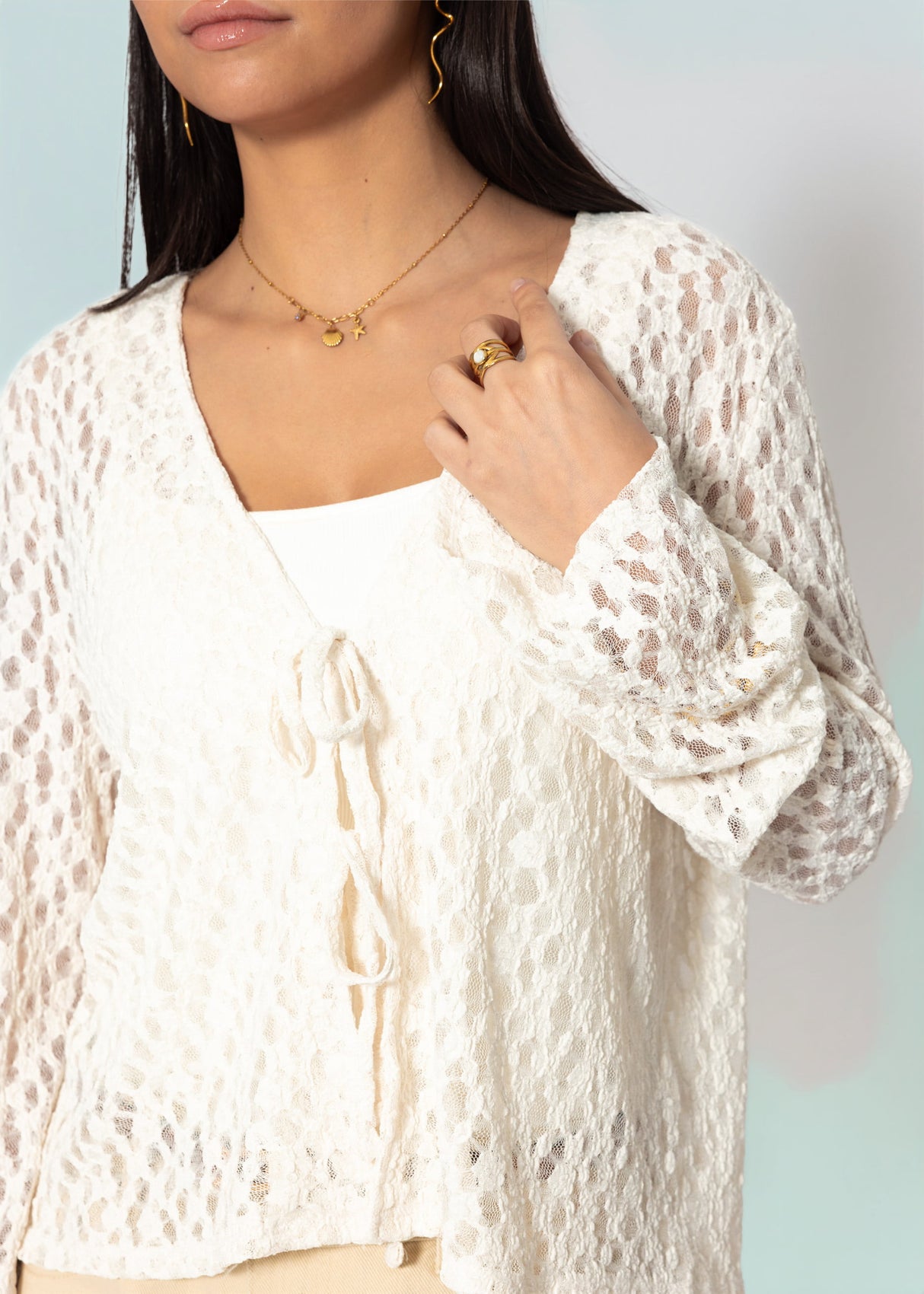 Spitzen Blusenjacke mit Bindebänder - offwhite