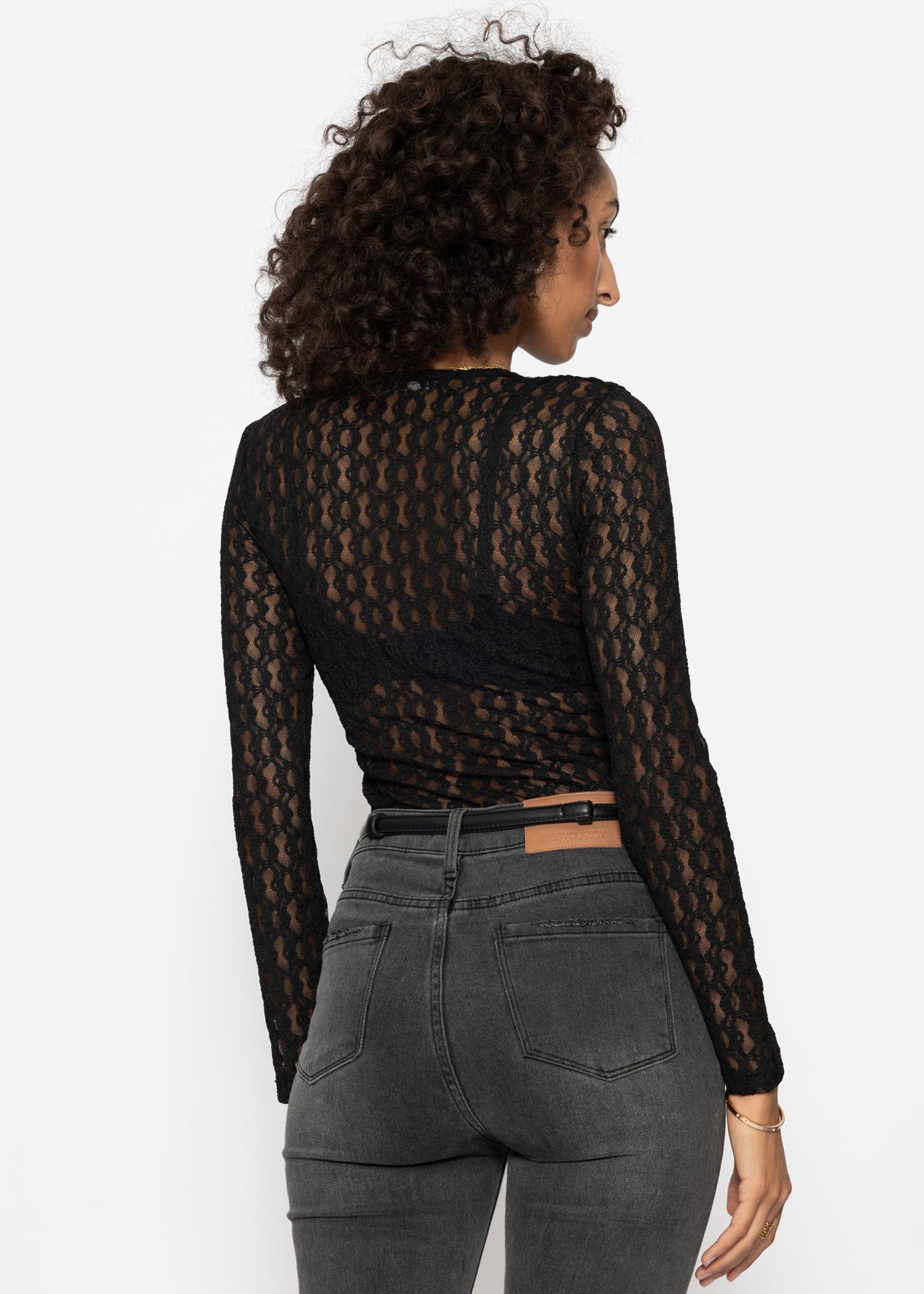 Lace bodysuit with V-neck - black