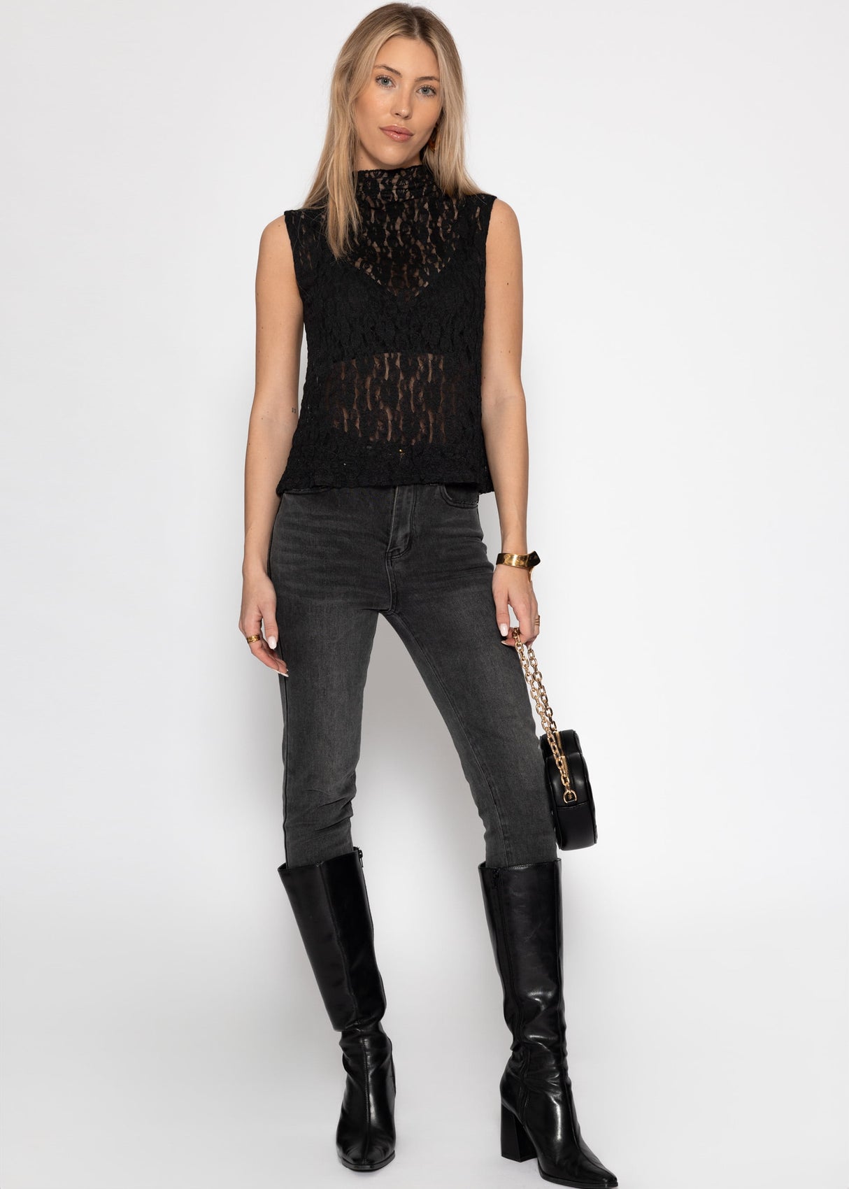 Lace top with stand-up collar - black