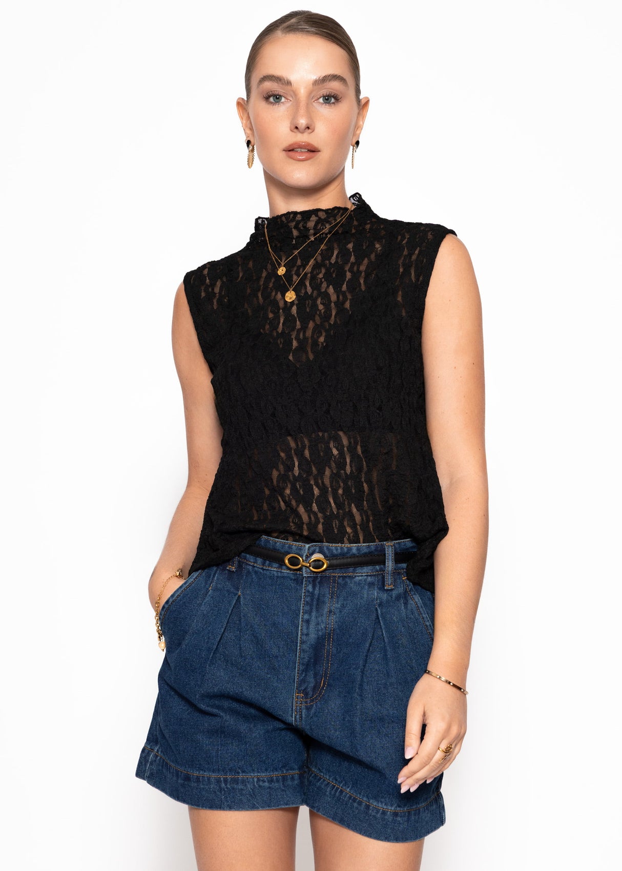 Lace top with stand-up collar - black