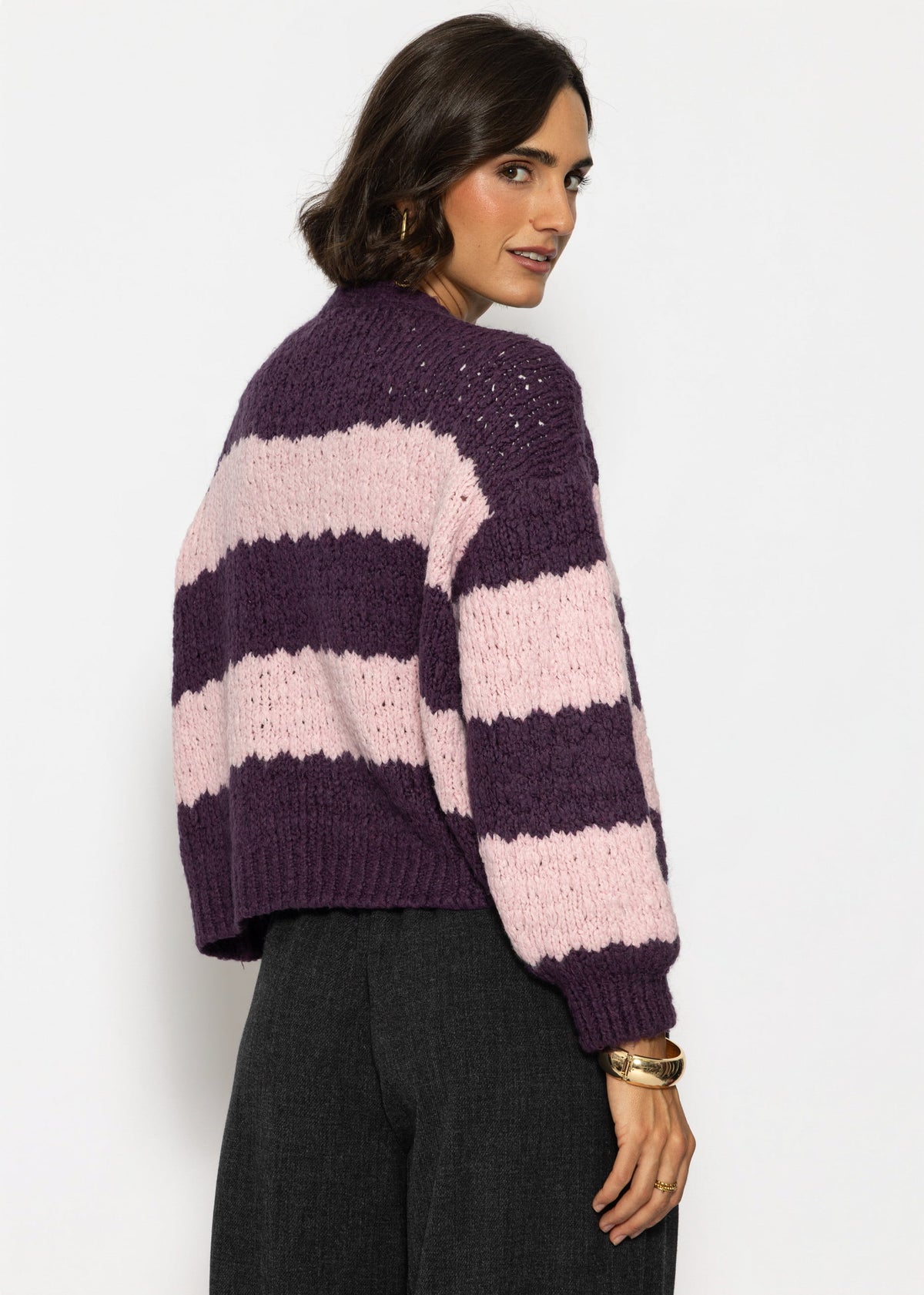 Strick-Cardigan mit breiten Blockstreifen - lila-rosa