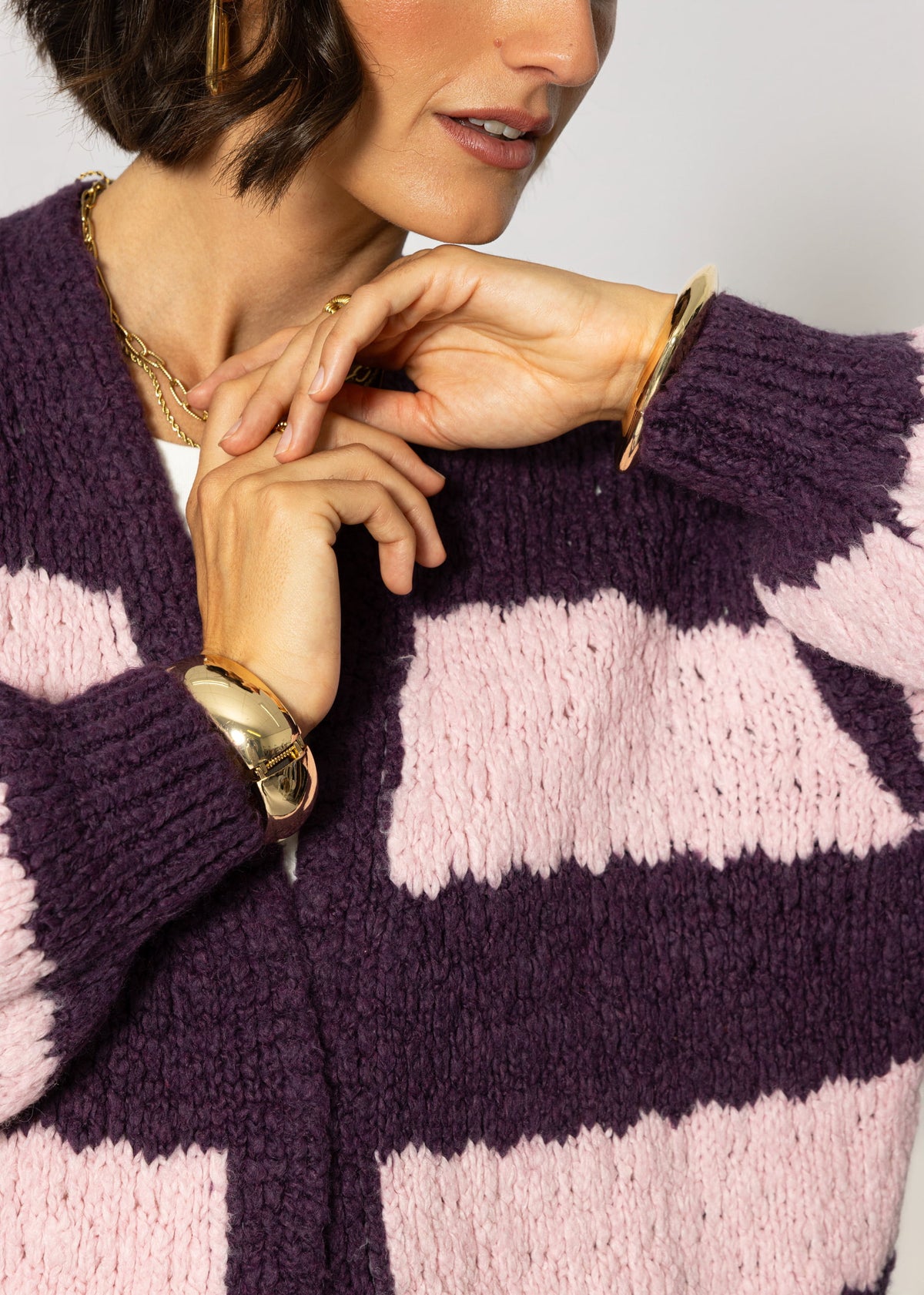 Strick-Cardigan mit breiten Blockstreifen - lila-rosa