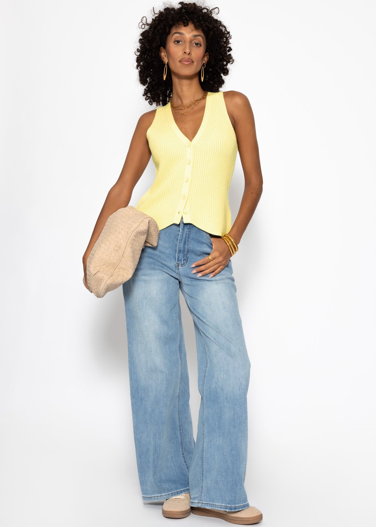 Strick-Top mit Knopfleiste und tiefem V-Ausschnitt - buttergelb