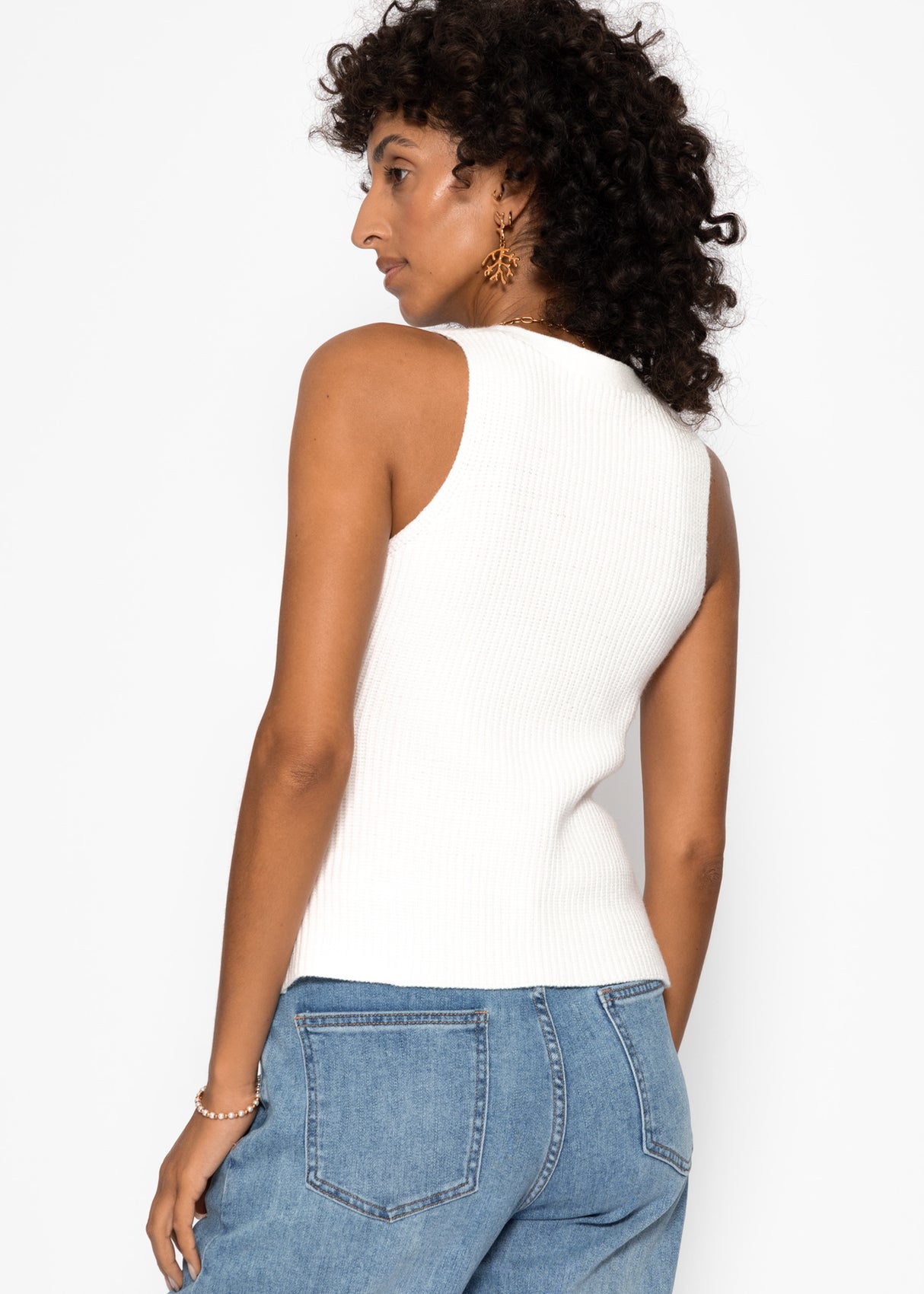 Knit top with button placket and deep V-neck - off-white
