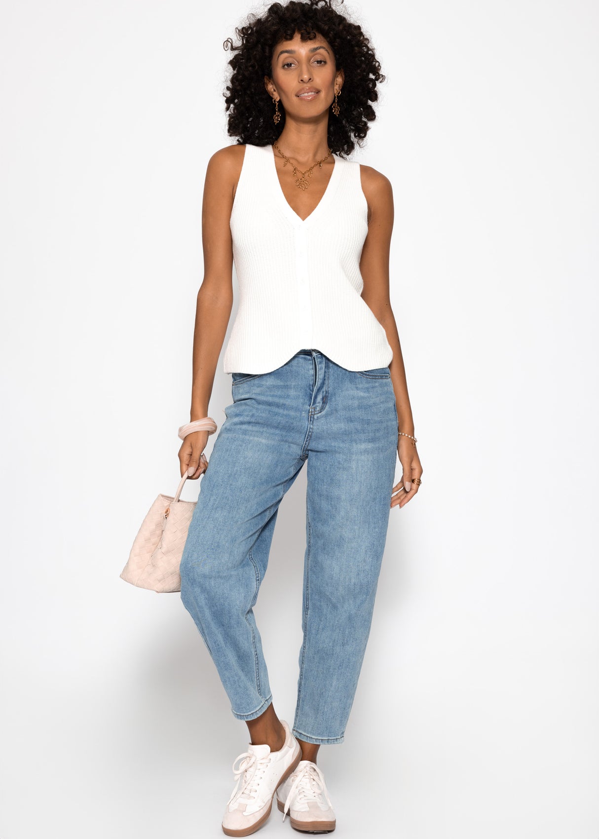 Knit top with button placket and deep V-neck - off-white