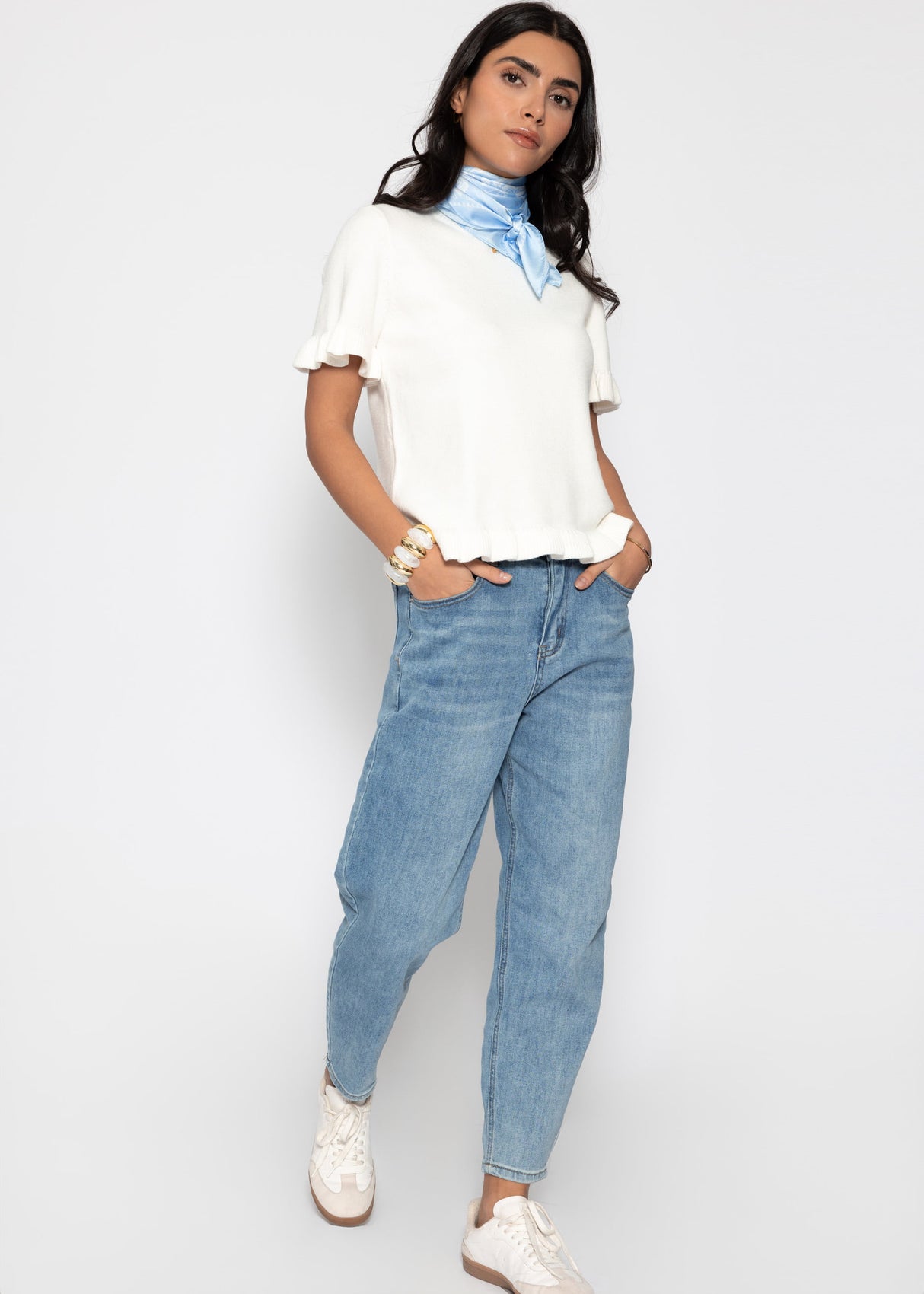 Kurzarm-Pullover mit Volants - offwhite