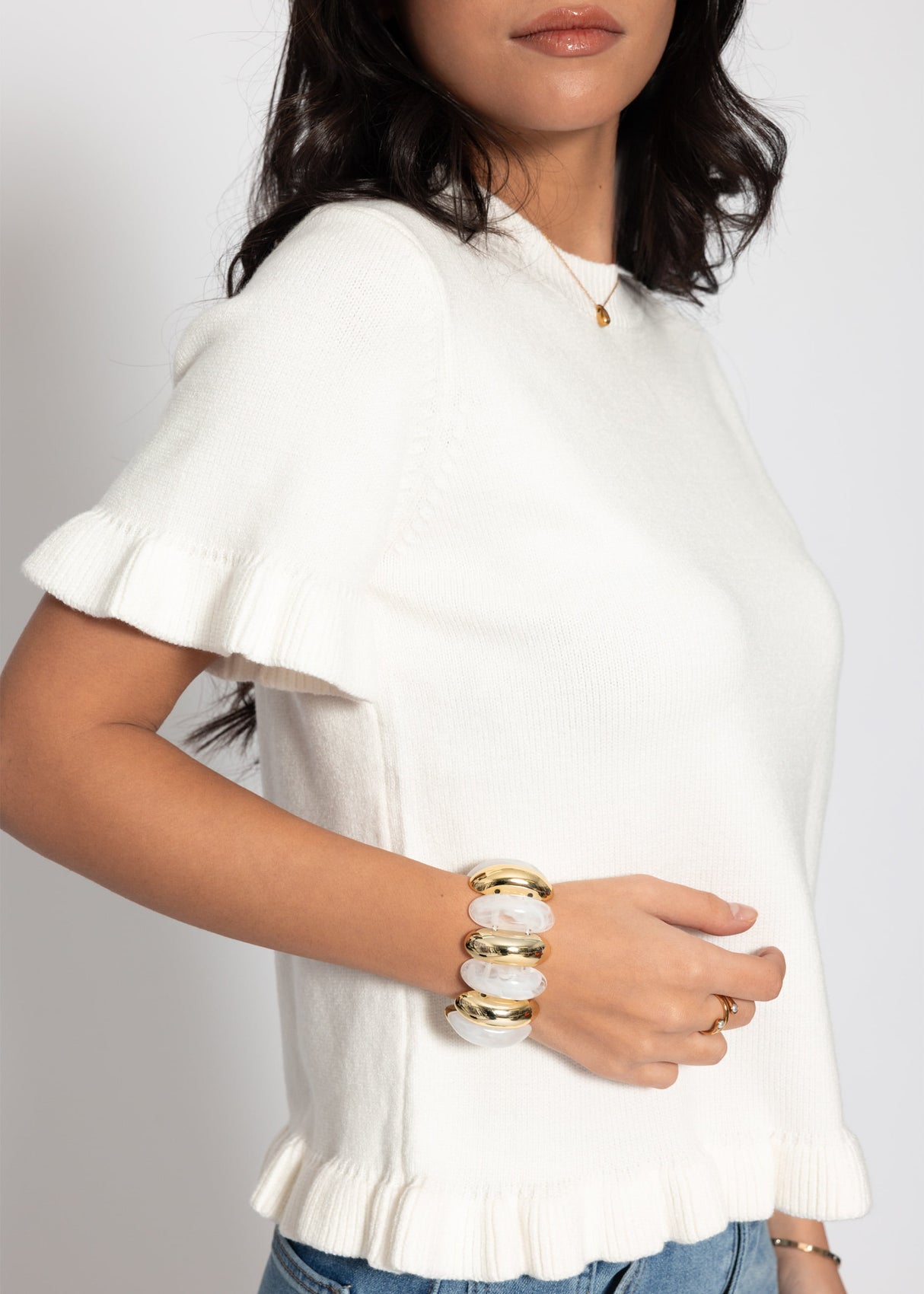 Kurzarm-Pullover mit Volants - offwhite