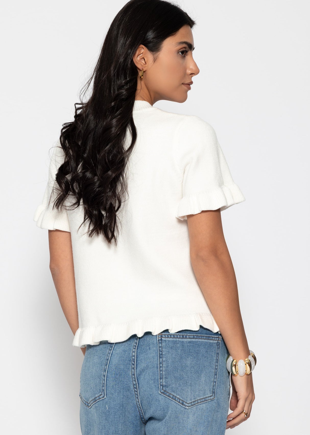 Kurzarm-Pullover mit Volants - offwhite