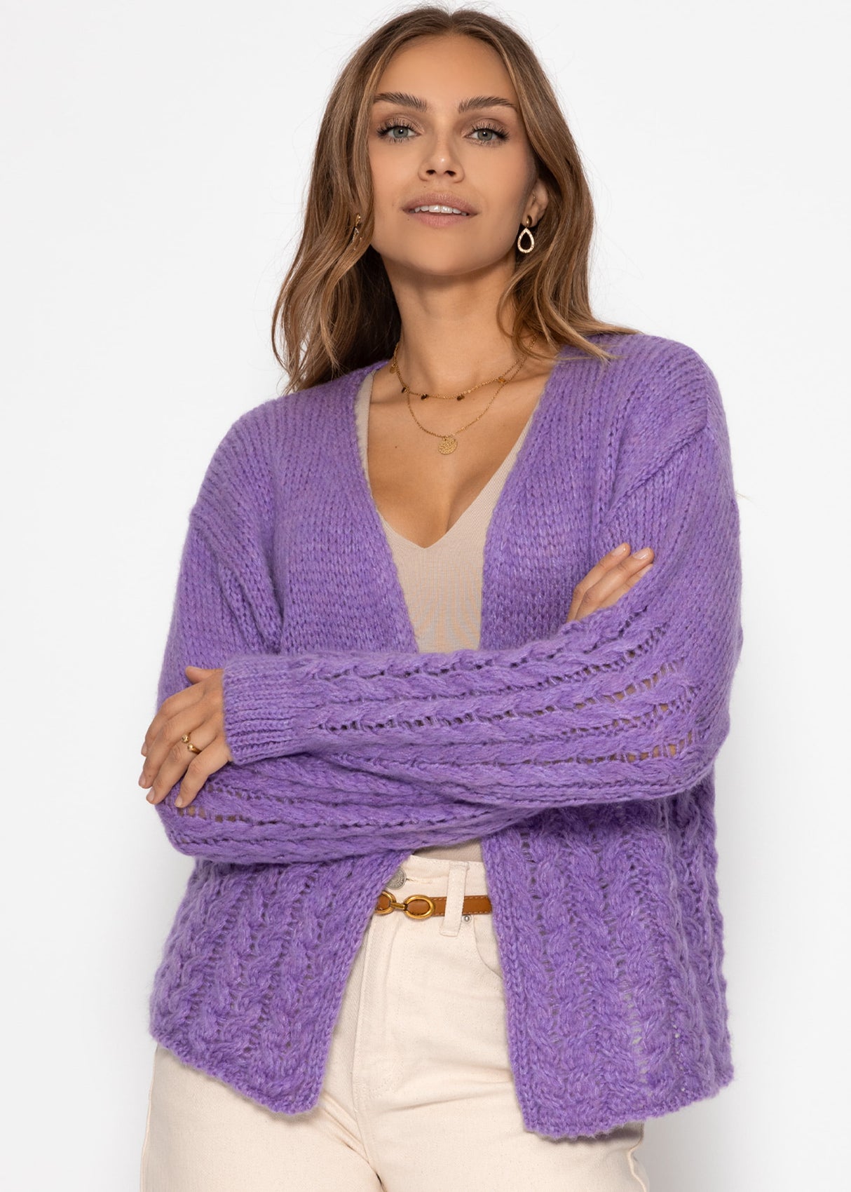 Strickcardigan mit Zopfmuster - lila