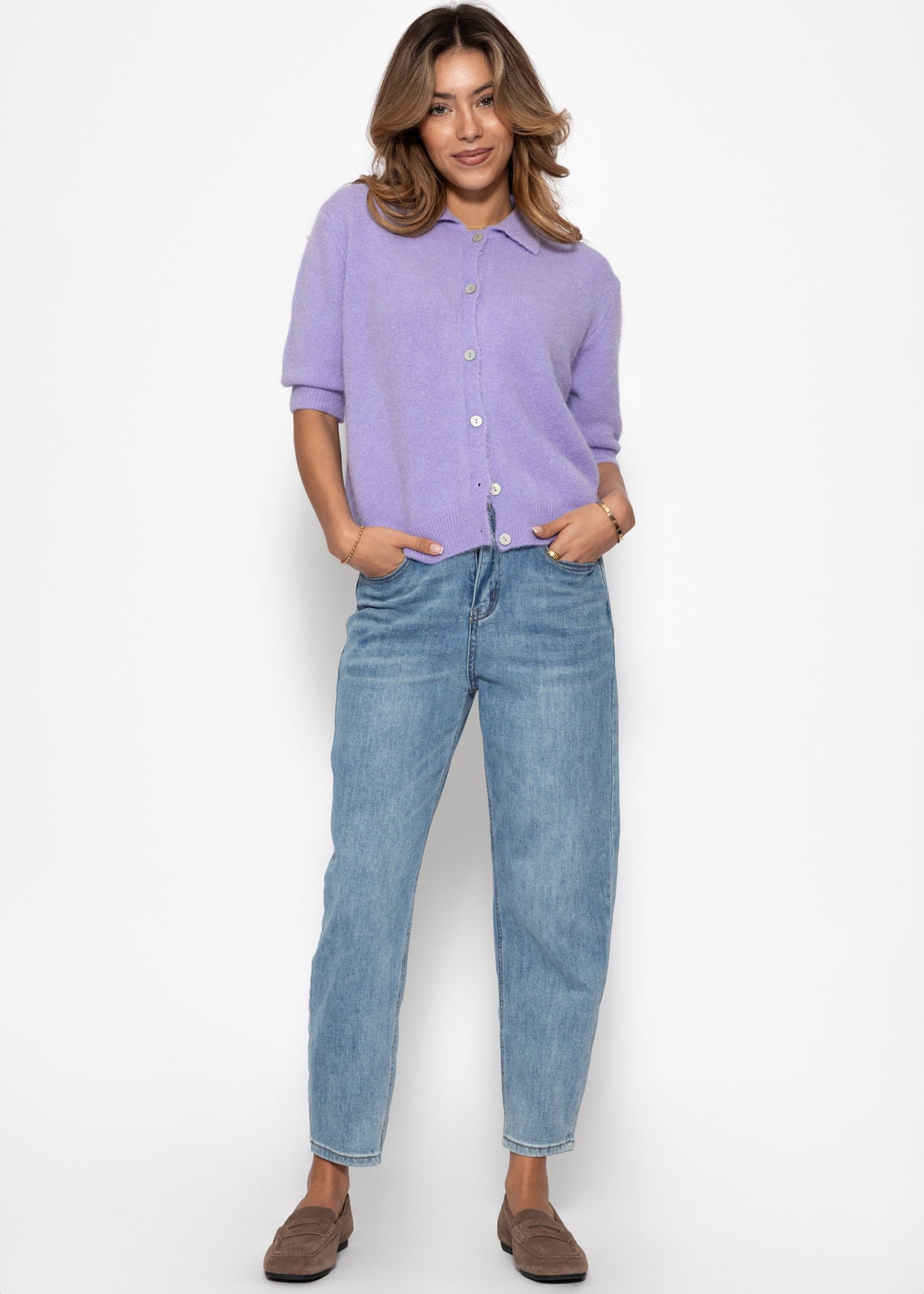 Cardigan with collar and elbow-length sleeves - lilac