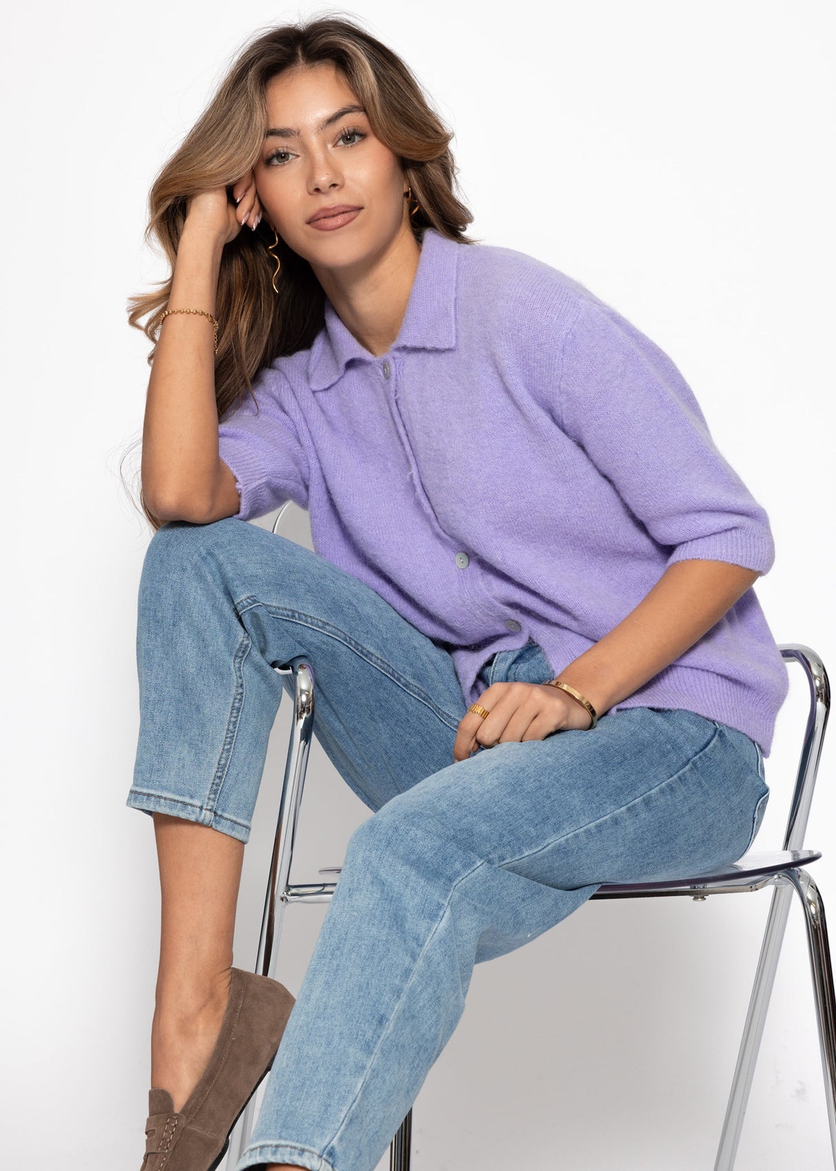 Cardigan with collar and elbow-length sleeves - lilac
