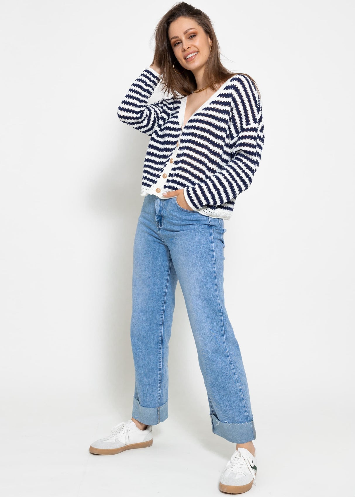 Openwork knit cardigan - dark blue and white