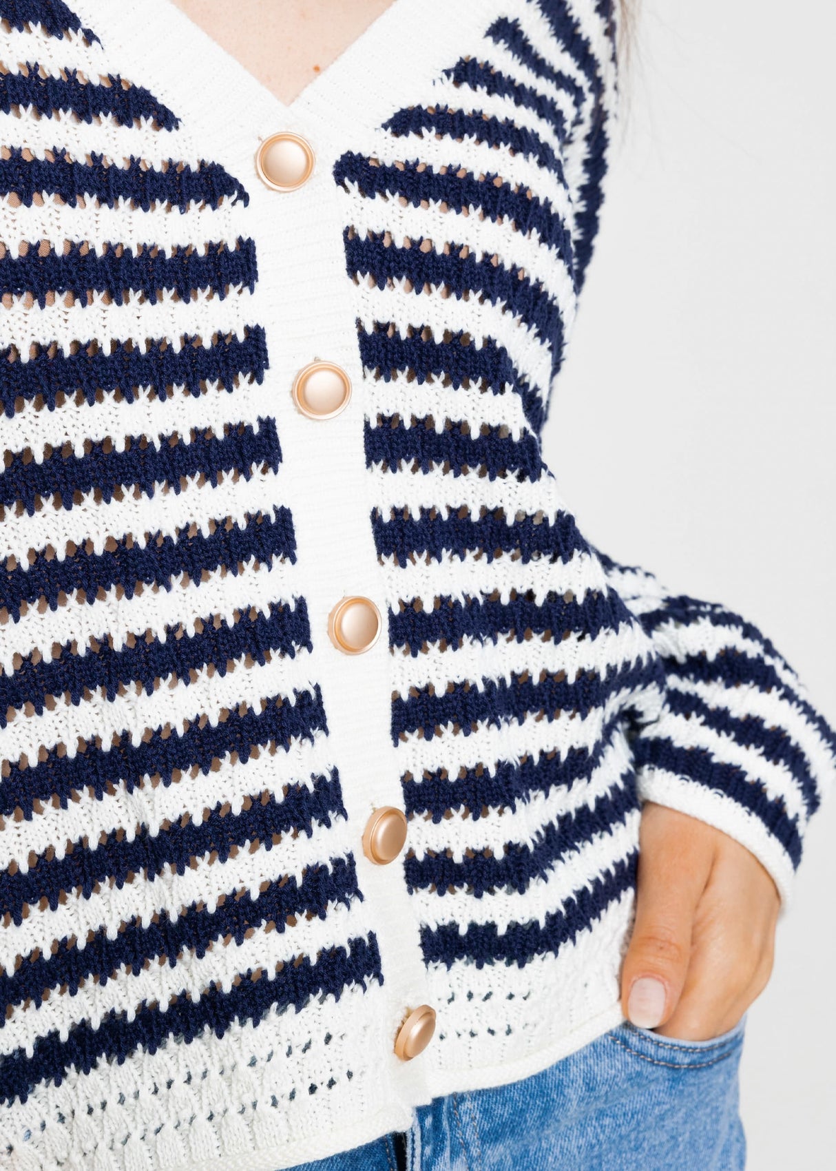 Openwork knit cardigan - dark blue and white