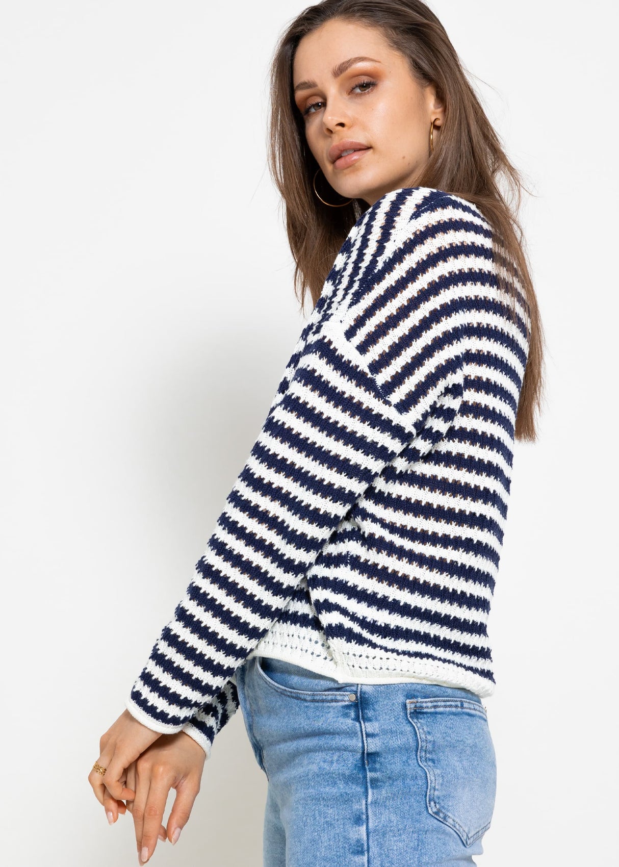 Openwork knit cardigan - dark blue and white