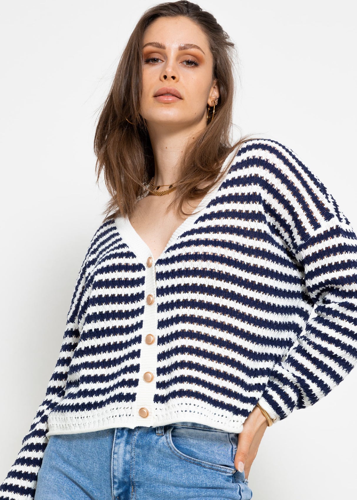 Openwork knit cardigan - dark blue and white