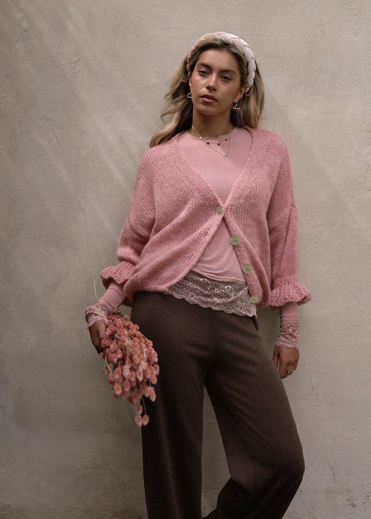 Strickjacke mit 3/4-Ärmeln - altrosa